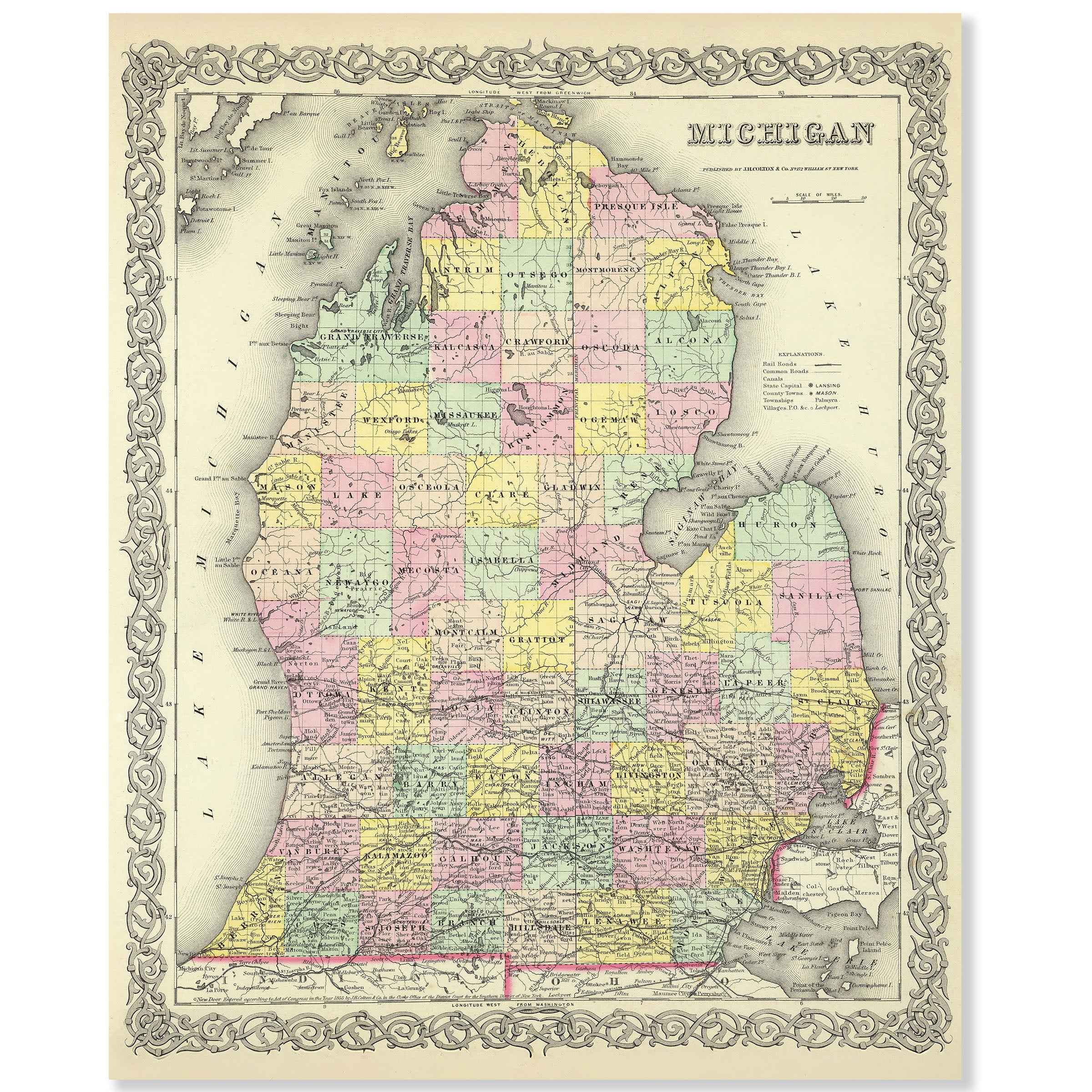 Michigan Map - Vintage State Map by Colton for Collectors and Home Decor