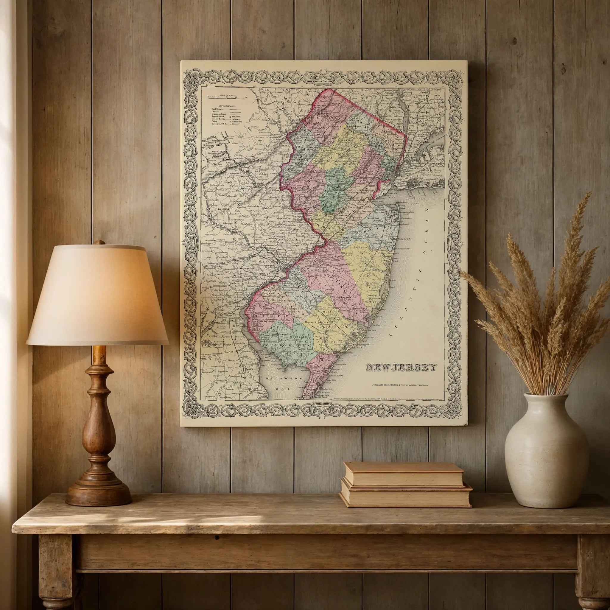 New Jersey Map - Vintage 1855 Colton Historical Map for Home Decor
