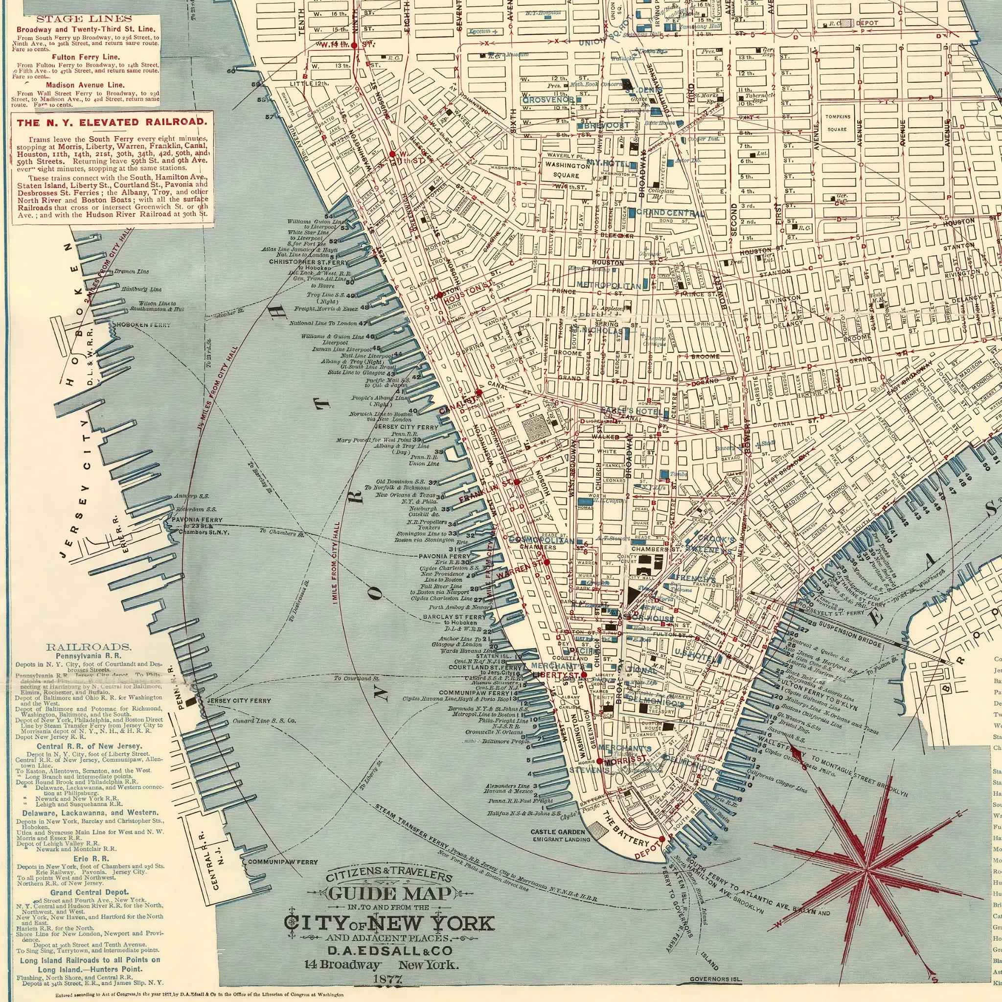 New York City Map - Vintage 1877 Citizens' & Travelers' Guide Map for Collectors