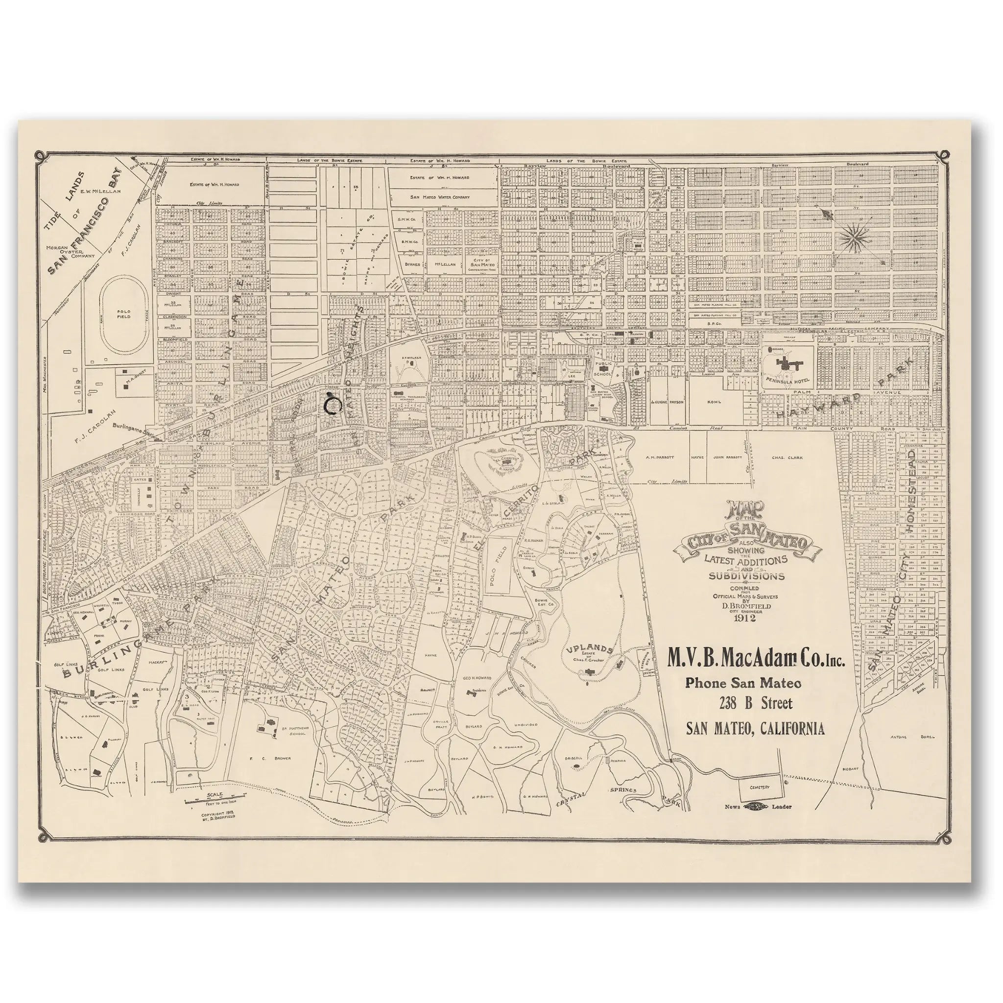 San Mateo Map - Vintage 1912 City Planning & Subdivisions Map