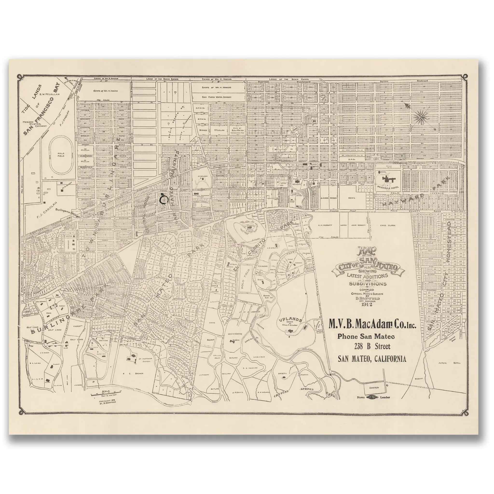 San Mateo Vintage Map - 1912 City Planning & Subdivisions Map