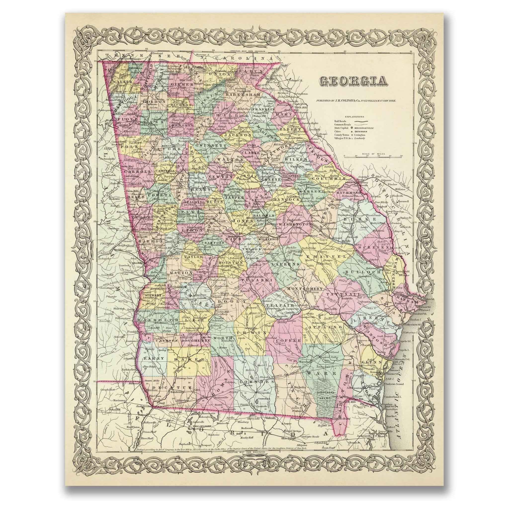 Georgia Map For Collectors By G W Colton 1856 Vintage