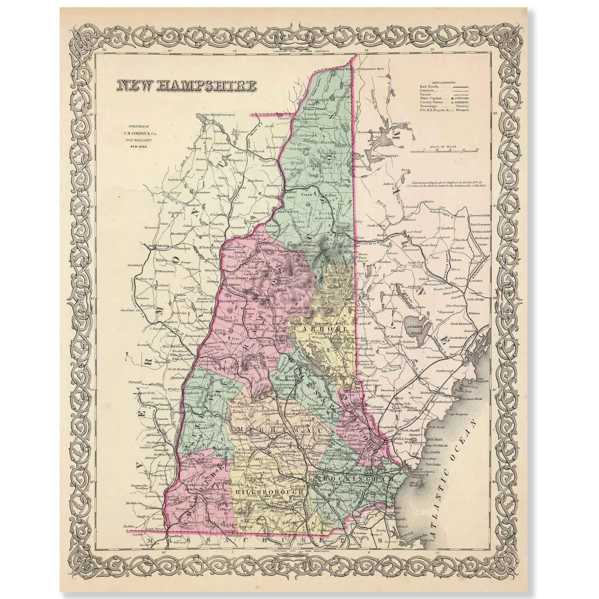 New Hampshire Map - Vintage 1856 Historical Map by Colton for Collectors and Decor