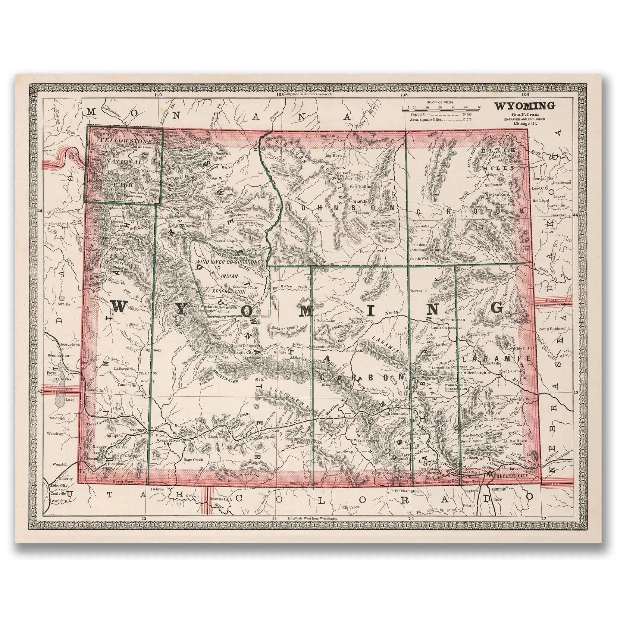 Wyoming Map - Vintage 1883 Cram Historical Territory Map