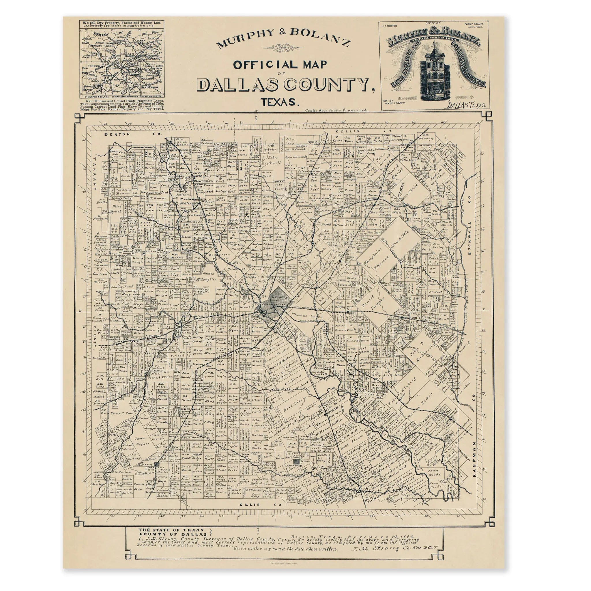 Dallas County Vintage Map 1886 by Murphy & Bolanz - Official Historical Print - Archive Prints