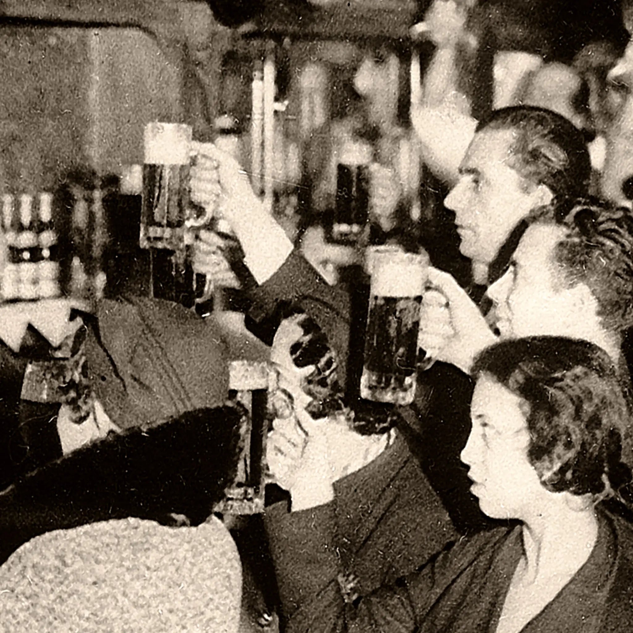 Close-up detail of Farewell 18th Amendment celebration showing diverse crowd with raised drinks celebrating end of prohibition