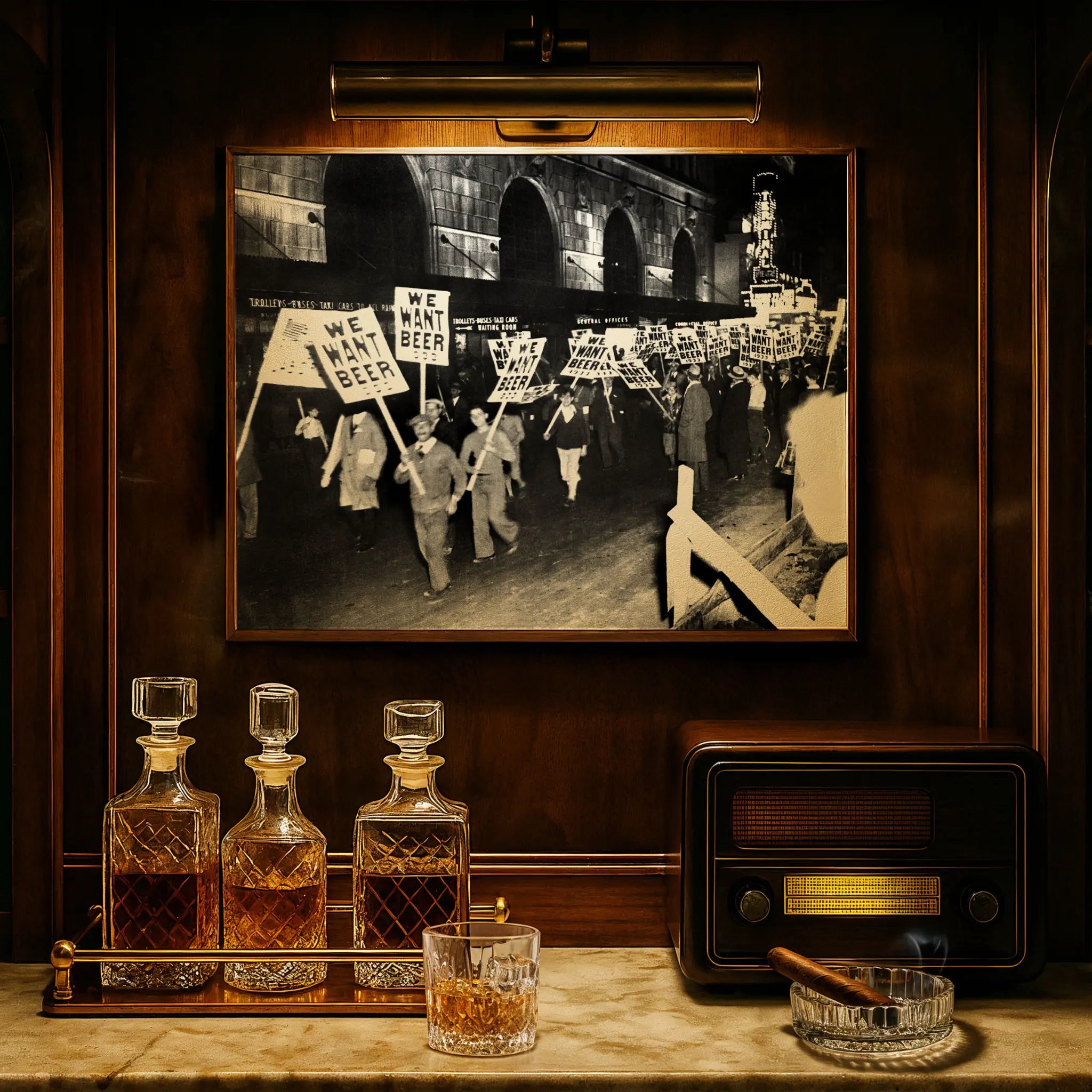 Train station beer protest photograph displayed in luxury study with crystal decanters and vintage radio atmosphere