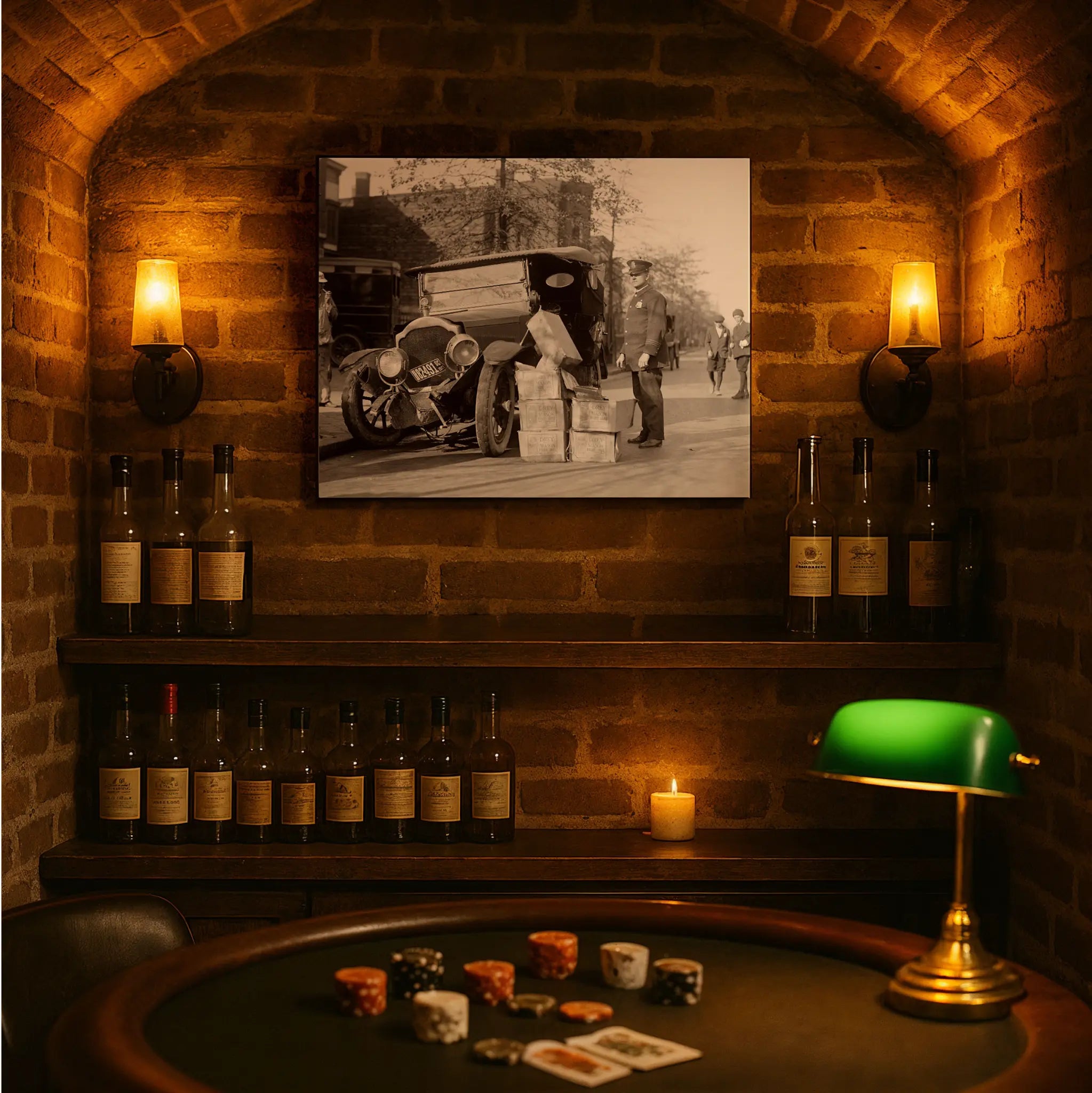 Law enforcement photograph in underground speakeasy setting with vintage bottles and poker atmosphere