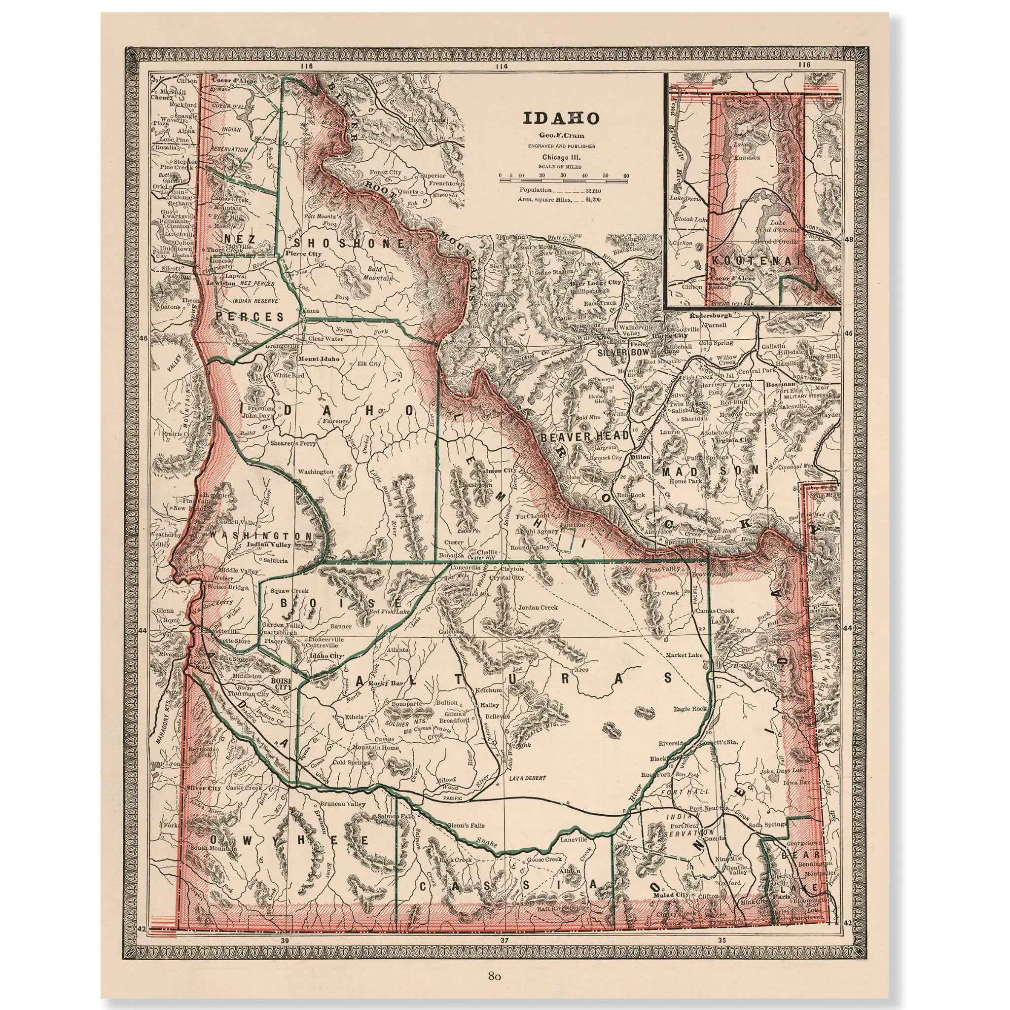 Idaho Map - Vintage 1883 Cram Historical Territory Map