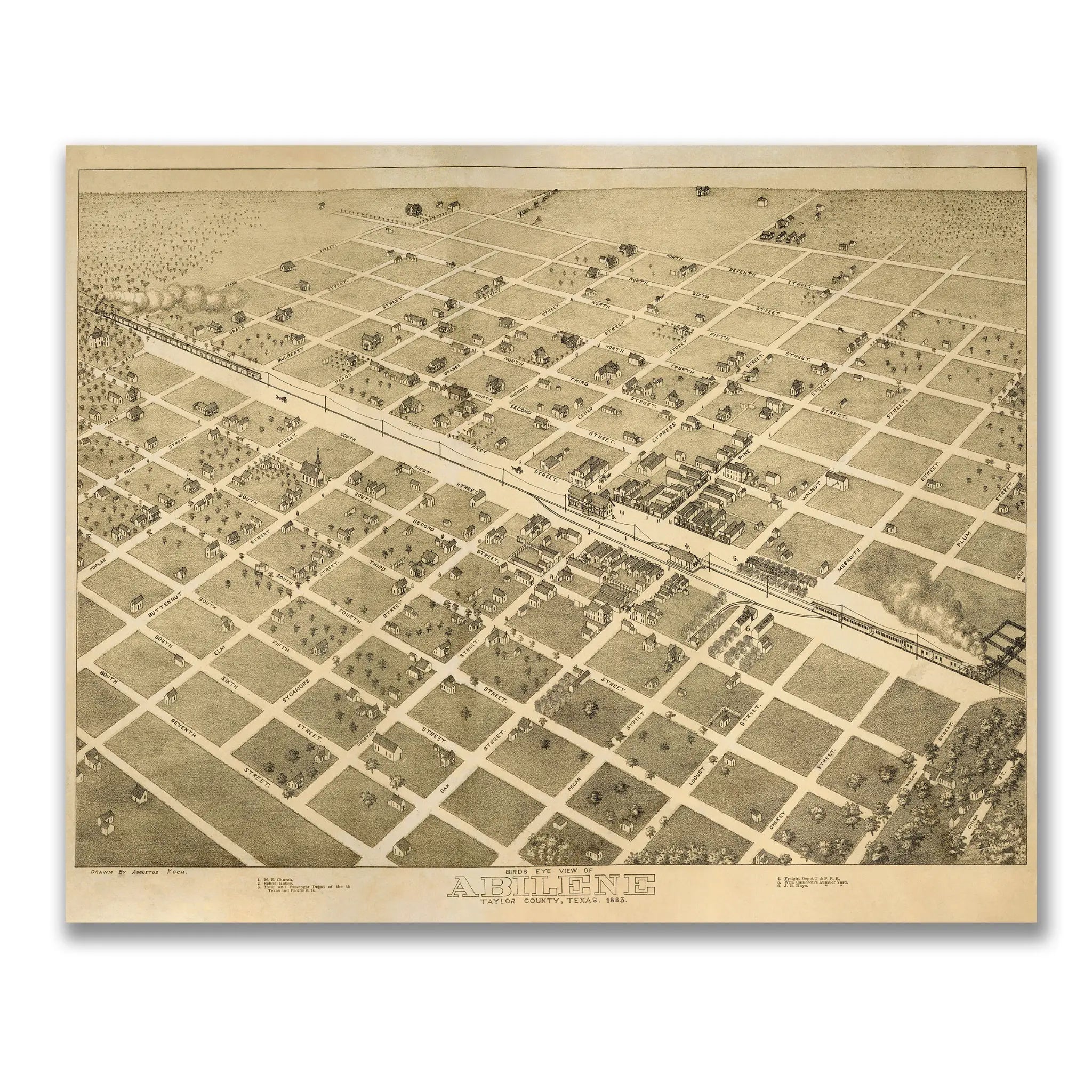 Abilene Bird's-Eye Map - Vintage 1883 Texas Historical City Map