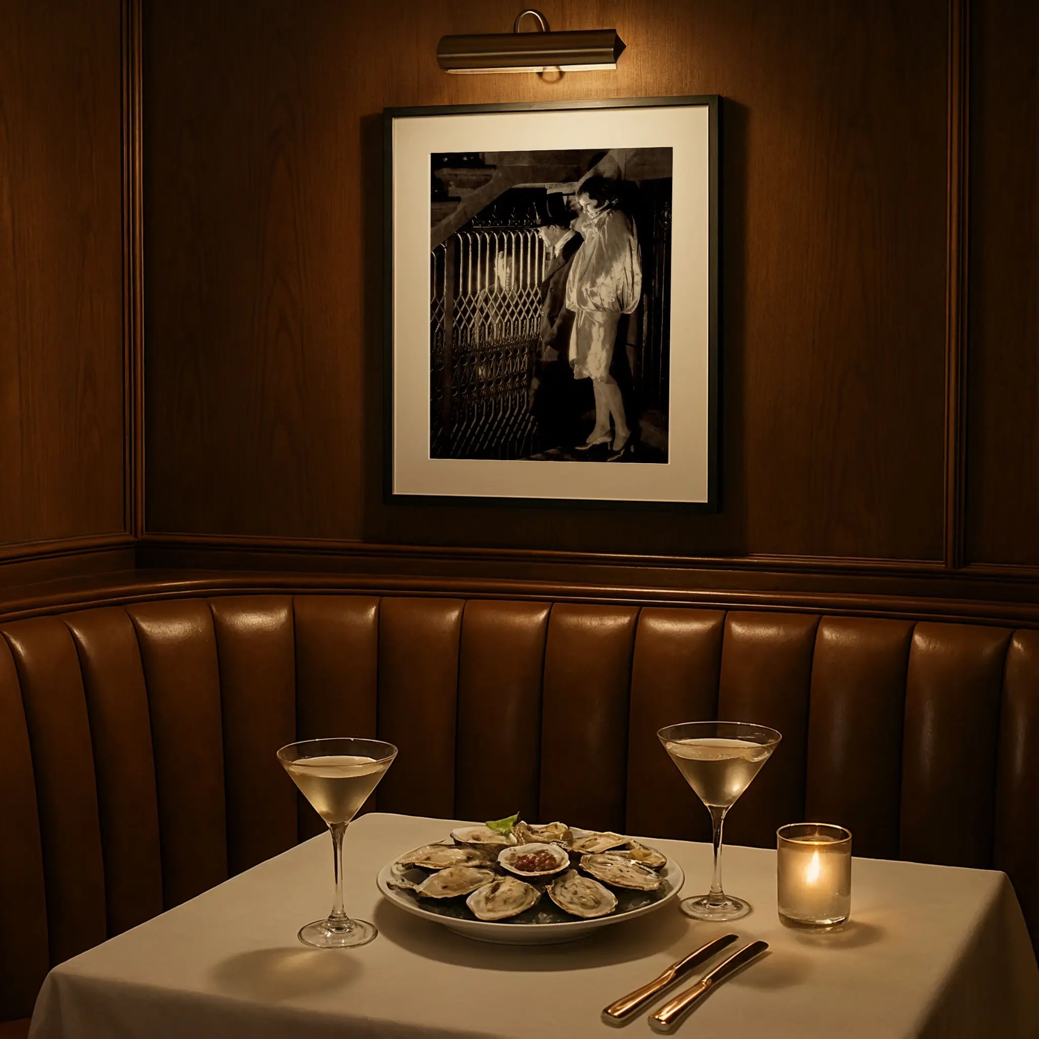 Clandestine speakeasy meeting print in elegant dining setting with martini glasses and oysters