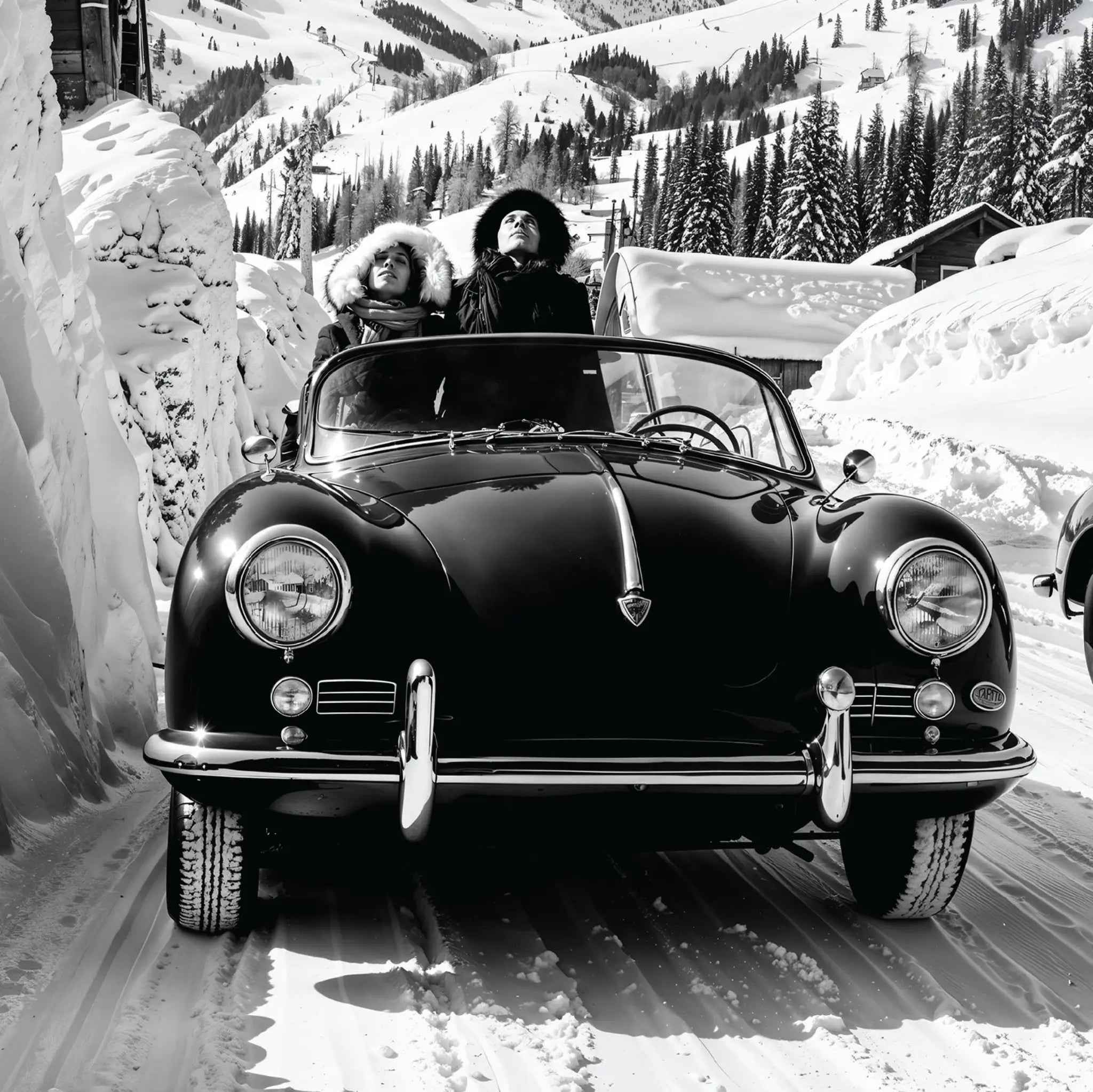 Vintage Ski Jump Photograph Featuring Porsche - Alpine Automotive Adventure