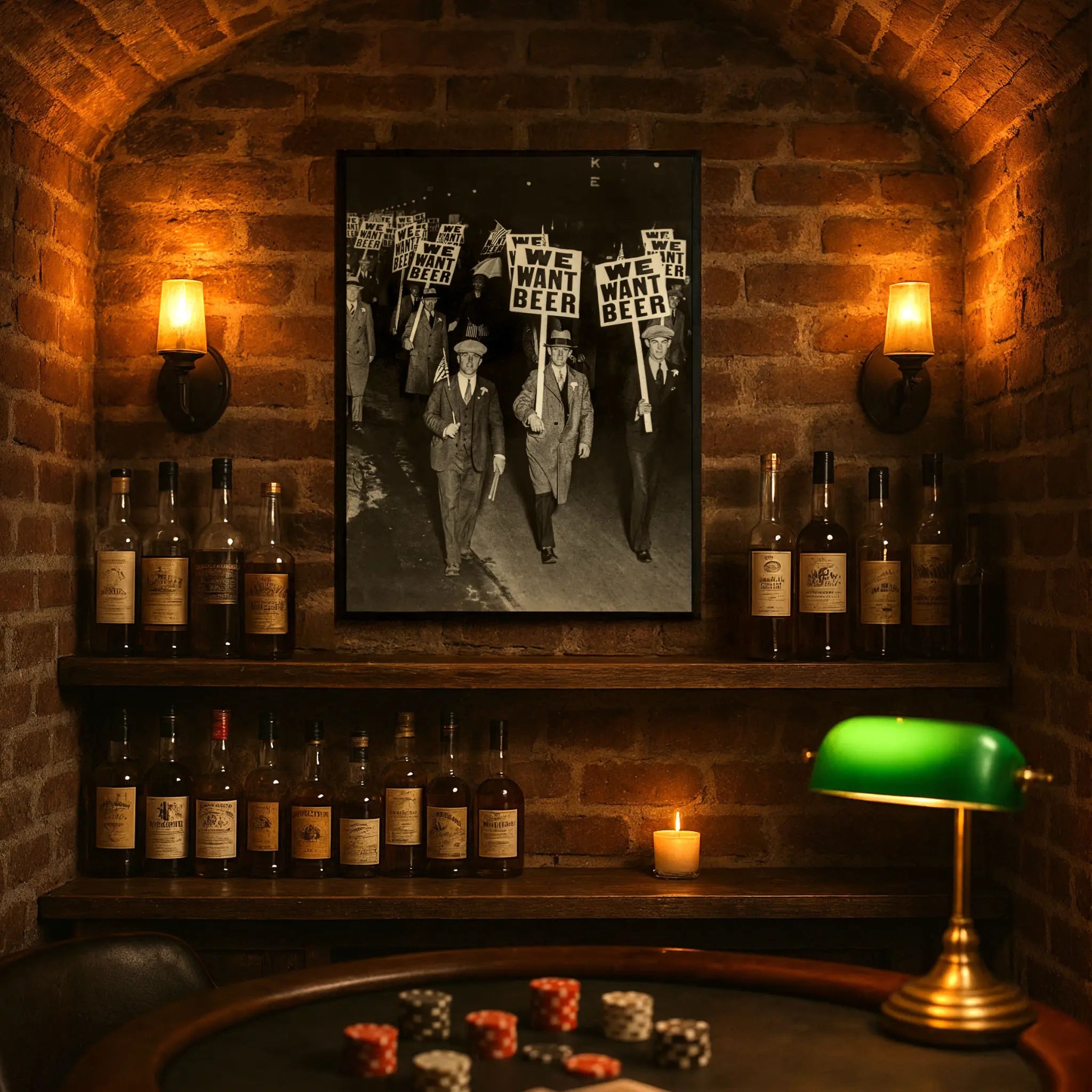 Beer protest march photograph displayed in luxury study with whiskey bottles and vintage atmosphere