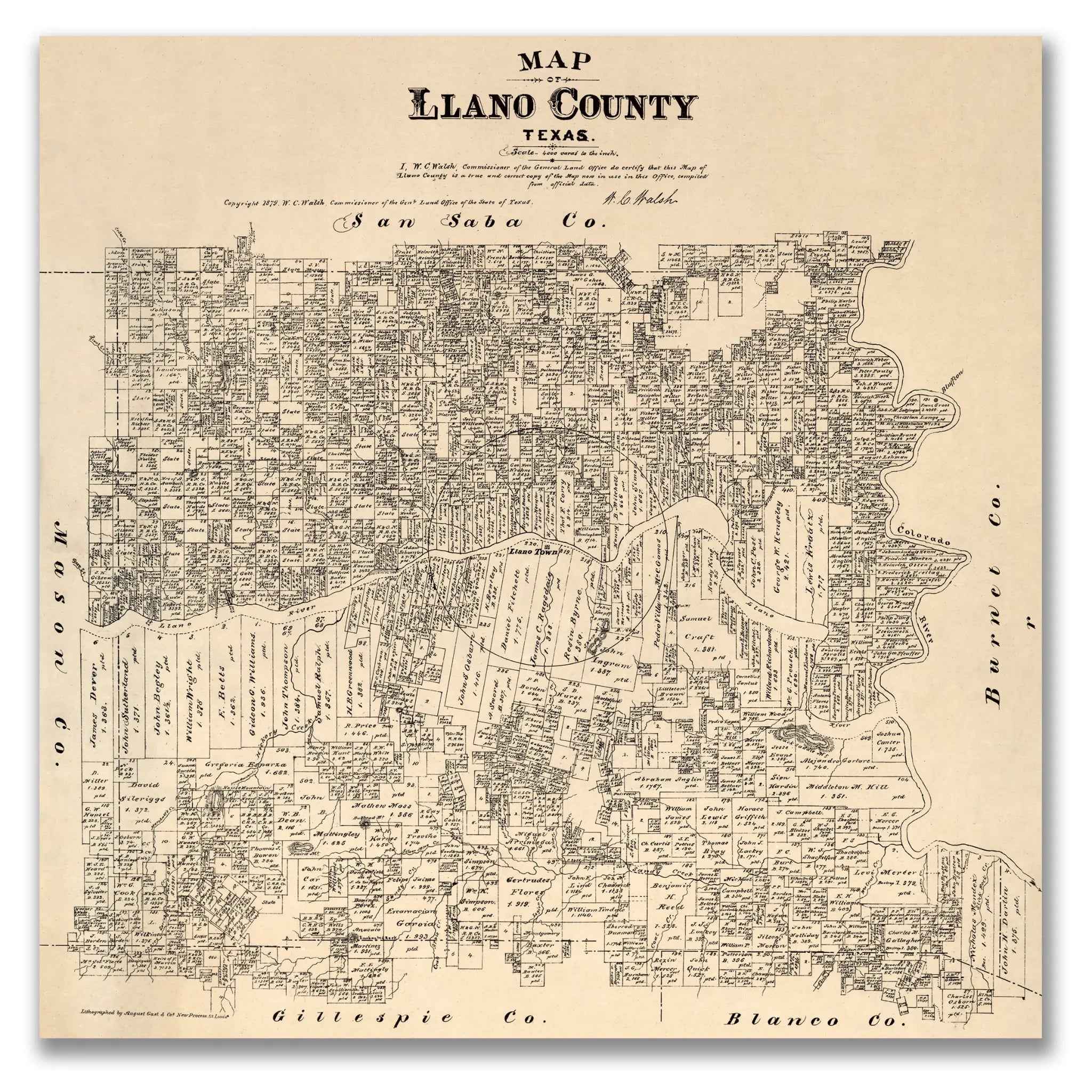 Llano County Vintage Map - Antique 1879 Texas General Land Office Map