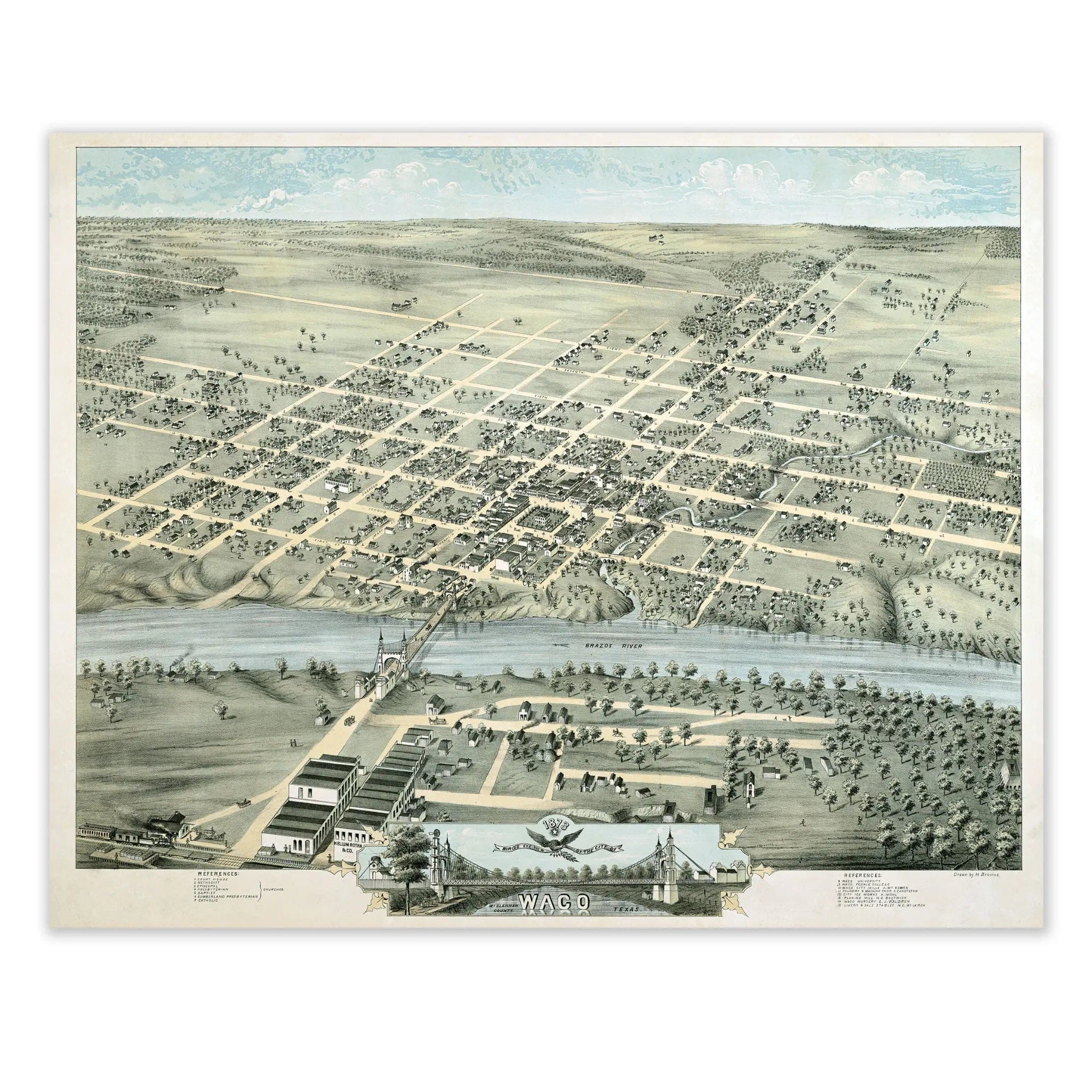 Waco Vintage Historical Map - 1873 Texas City Map Art - Archive Prints