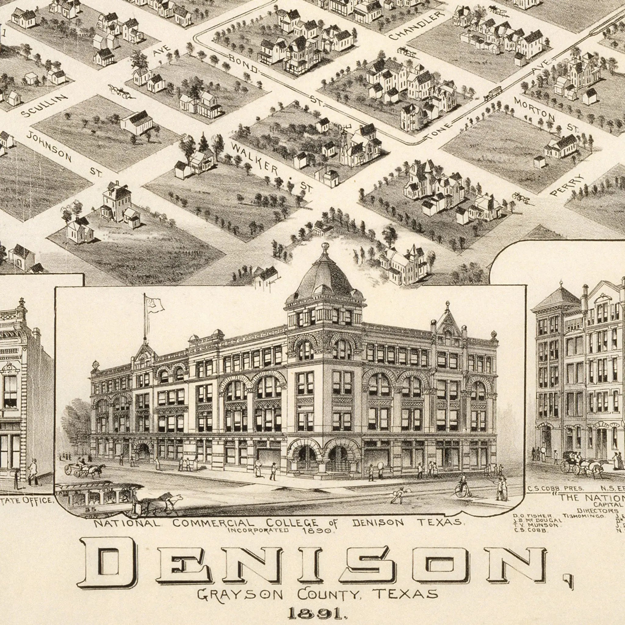 Denison Bird's-Eye Map - Vintage 1891 Texas Historical City Map