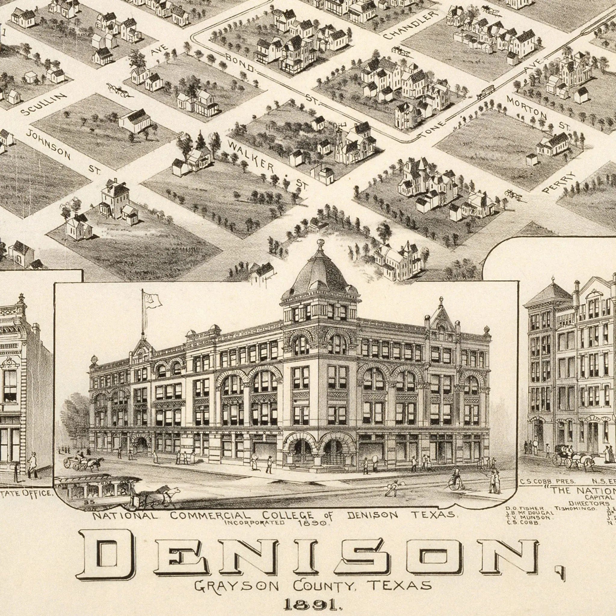 Denison Texas Historical Map - Vintage 1891 Bird's-Eye City View Print - Archive Prints