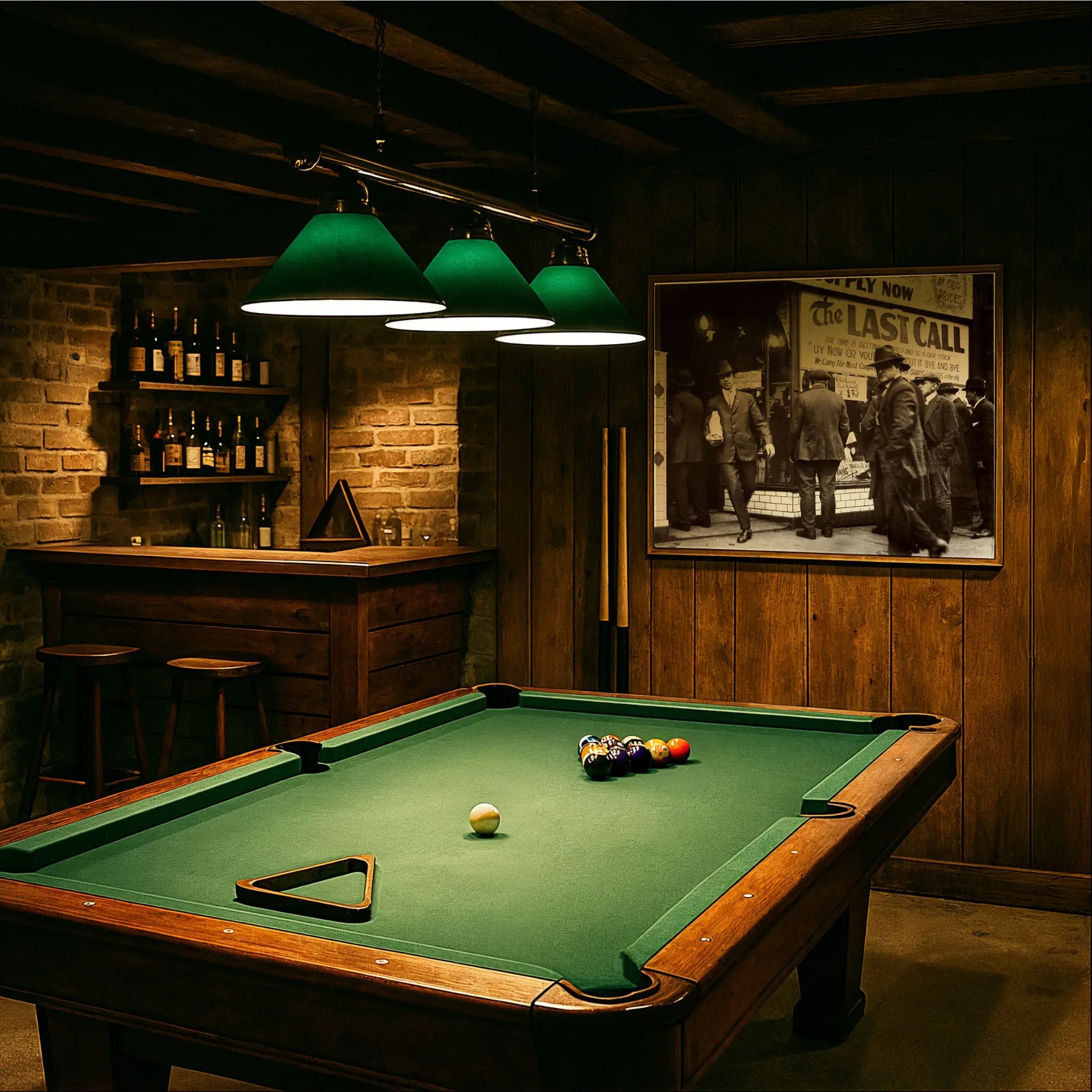 The Last Call photograph in vintage billiards room with green felt table and period lighting