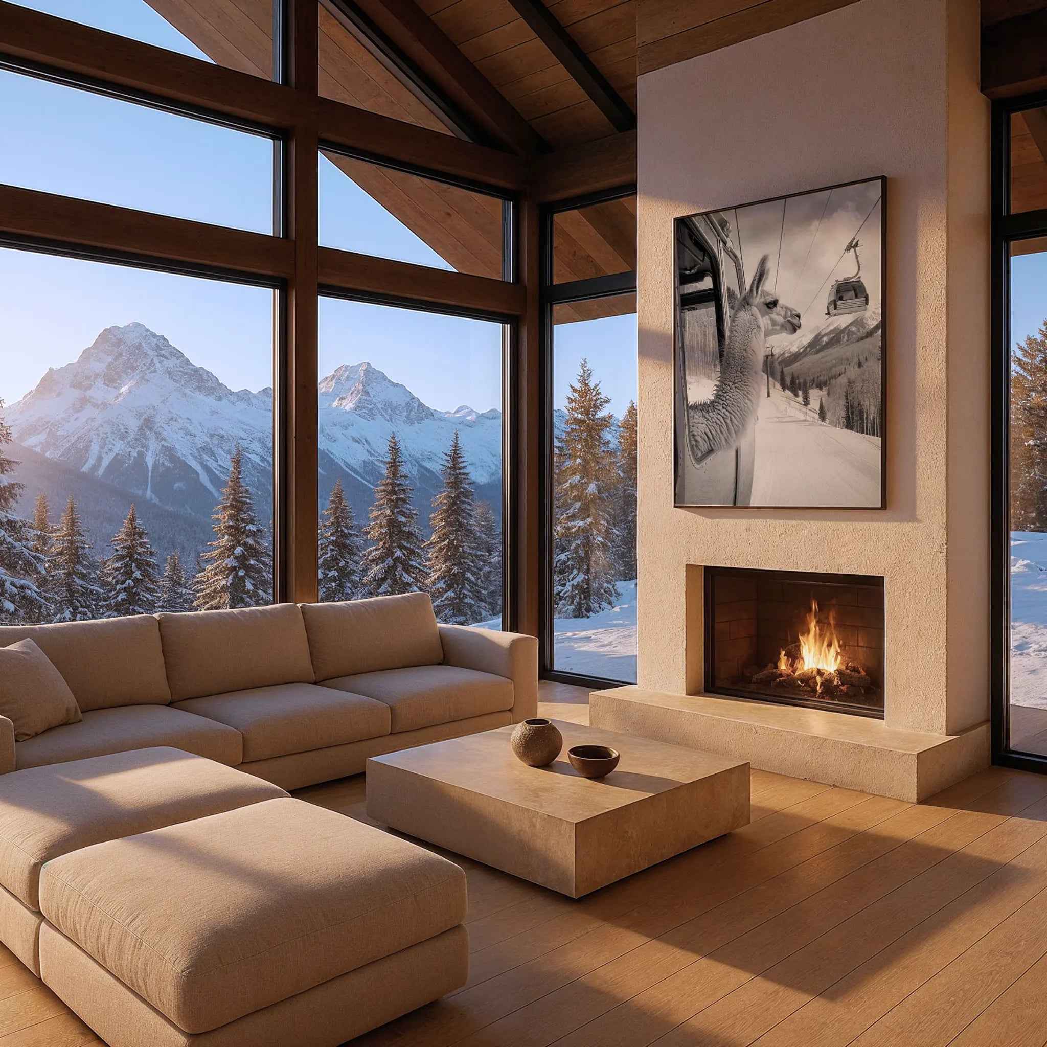 Llama Gondola Skiing - Quirky Llama Ski Photography in Alpine Surrealism