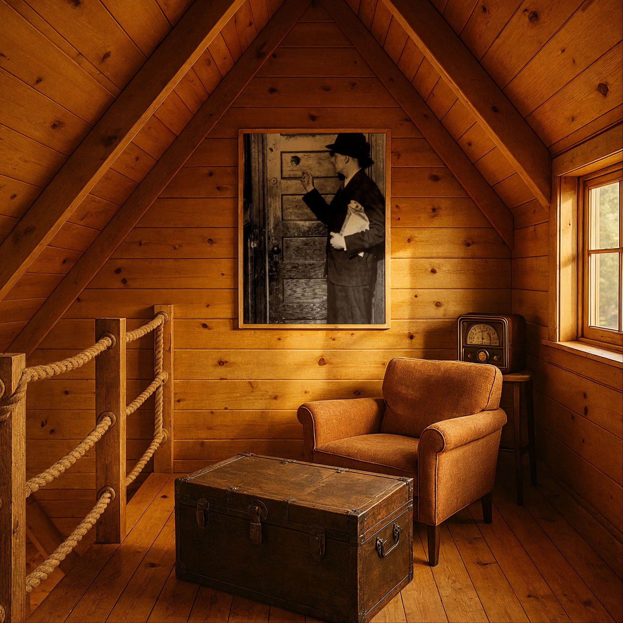 Historical prohibition print in rustic cabin setting with vintage trunk and rope details