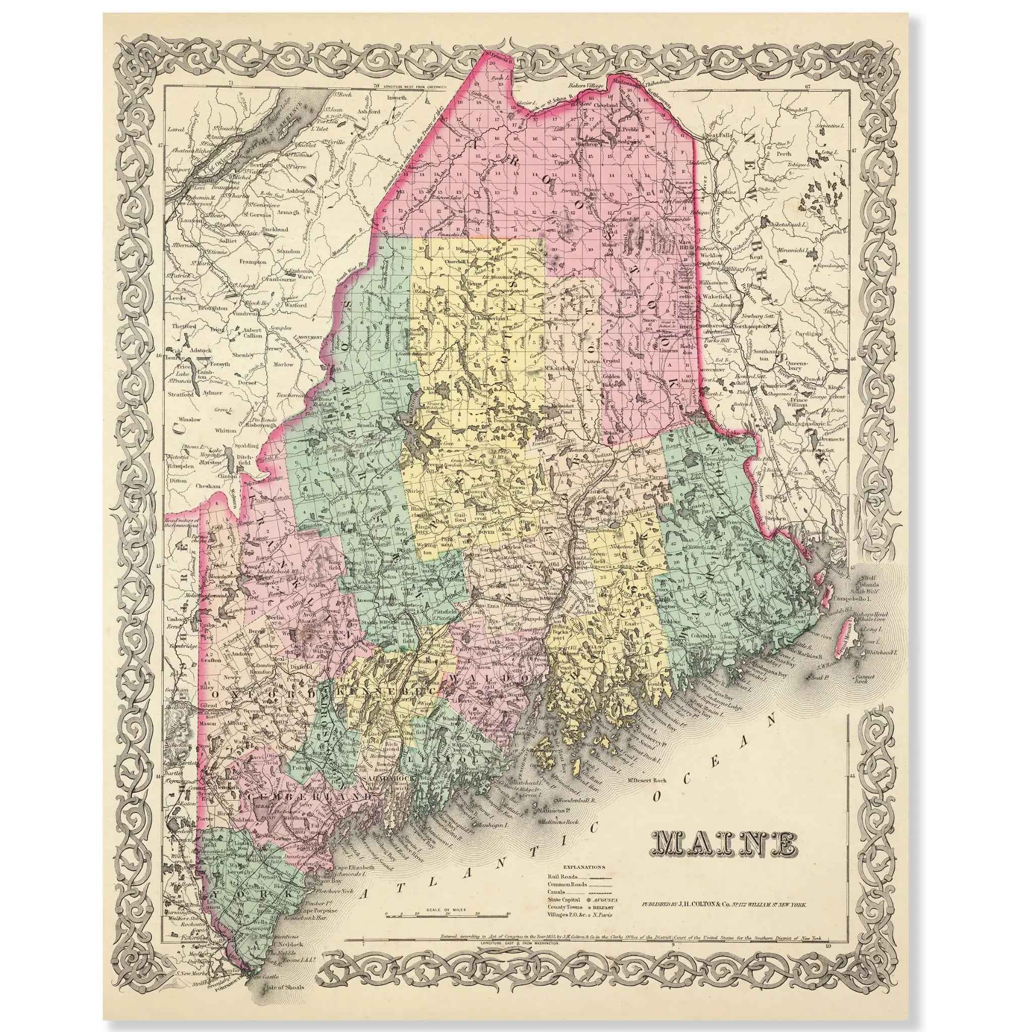 Maine Map - Vintage Colton State Map for Home Decor and Collection