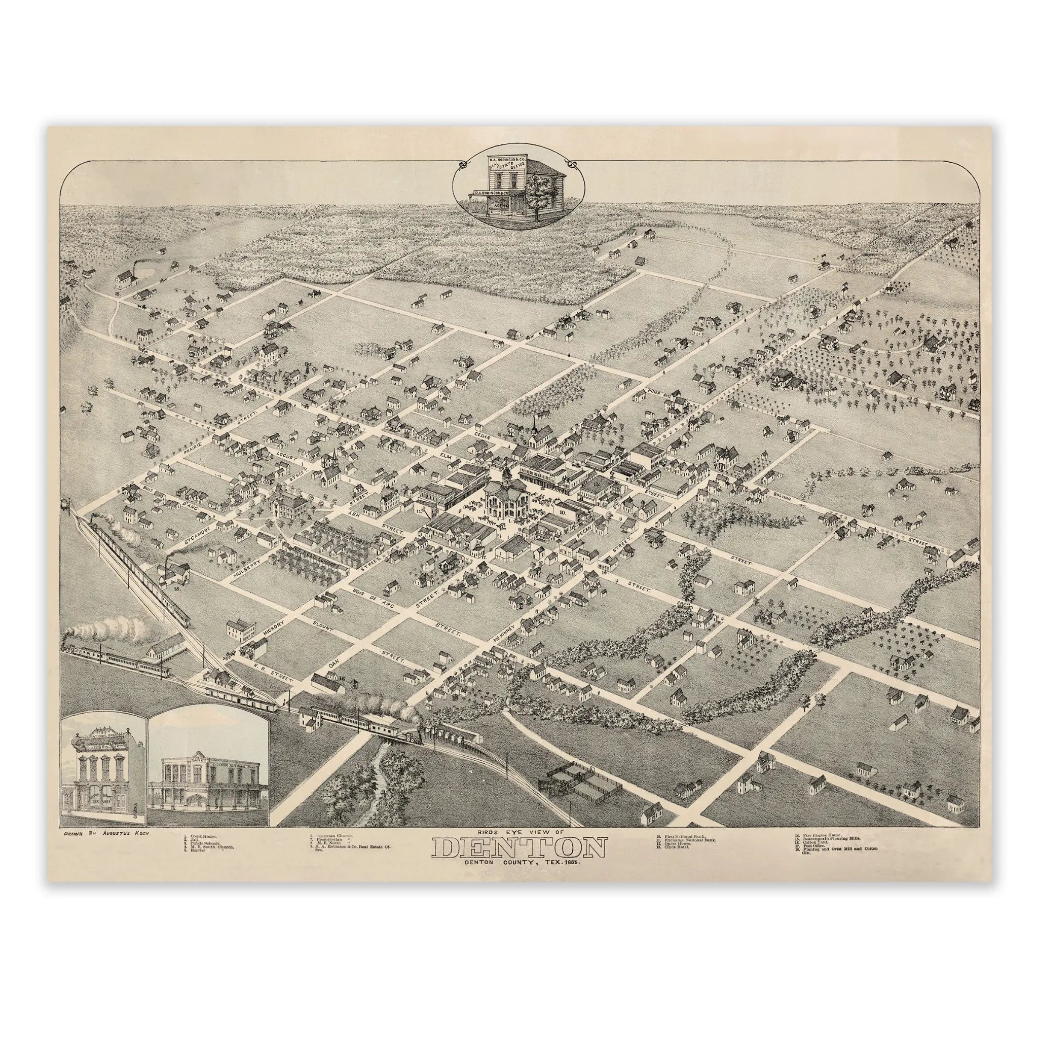 Denton Bird's-Eye Map - Vintage 1883 Texas Historical City Map