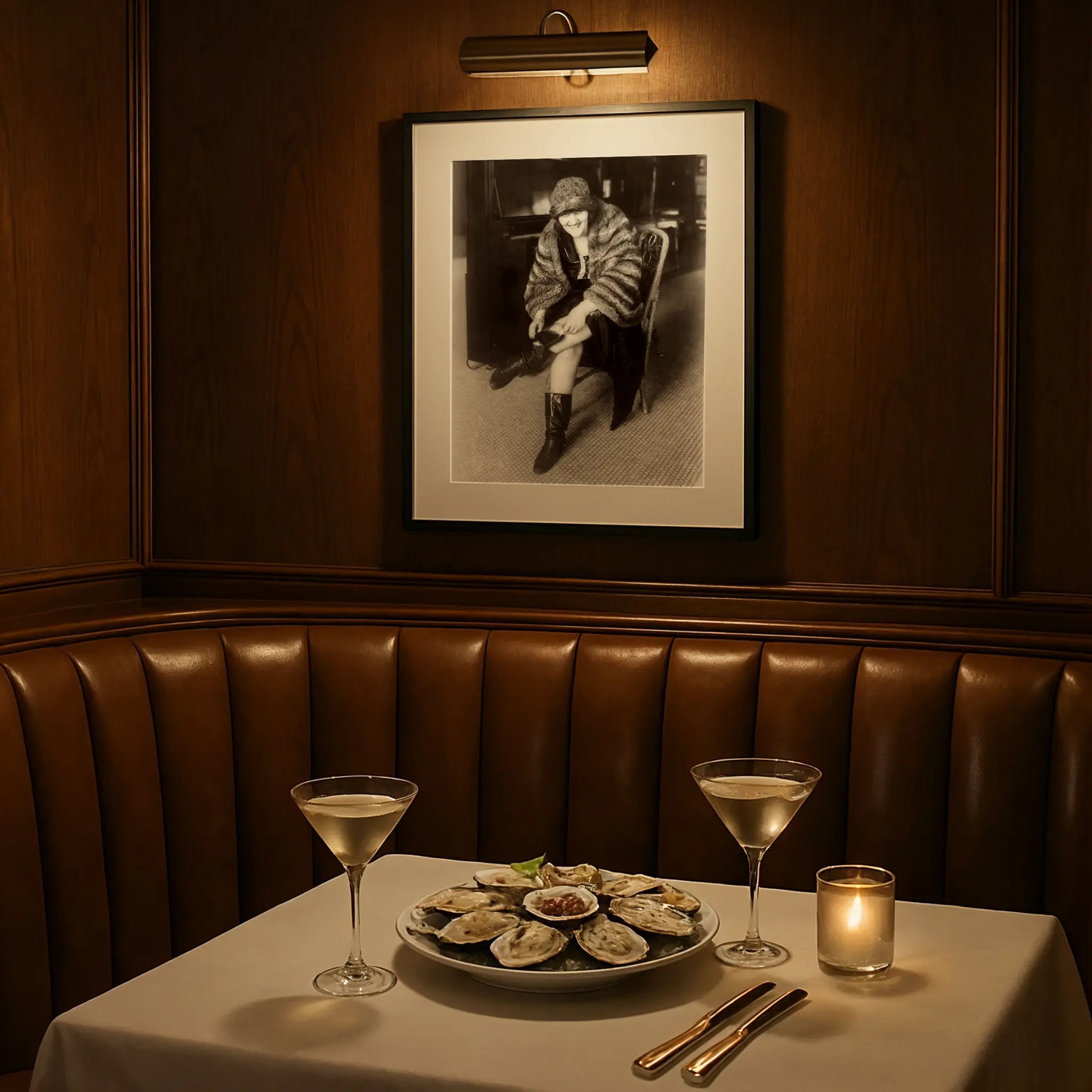 Fashion photograph in elegant restaurant booth setting with cocktails and sophisticated ambiance