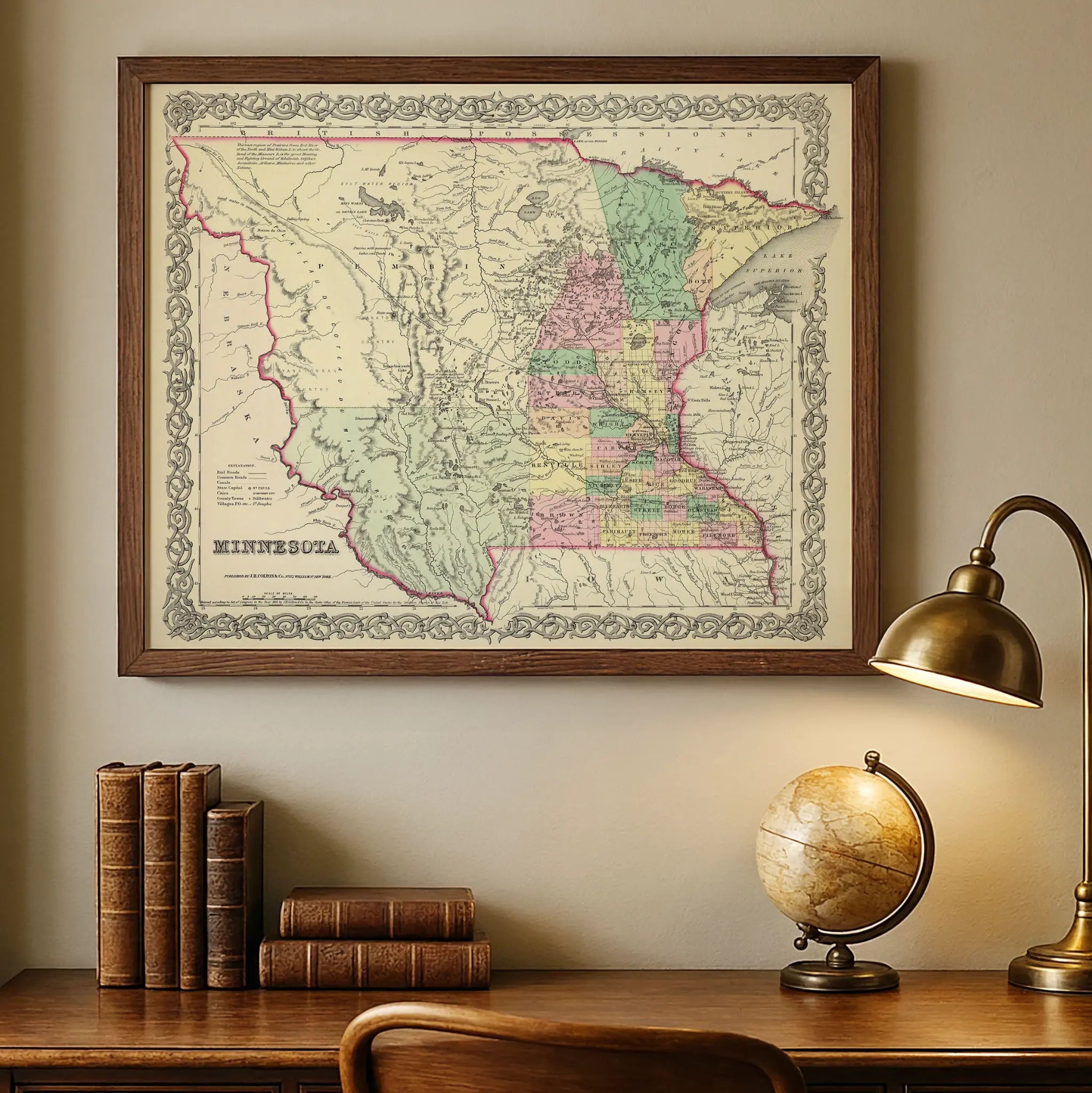 1856 Minnesota Map by Colton - Office Display