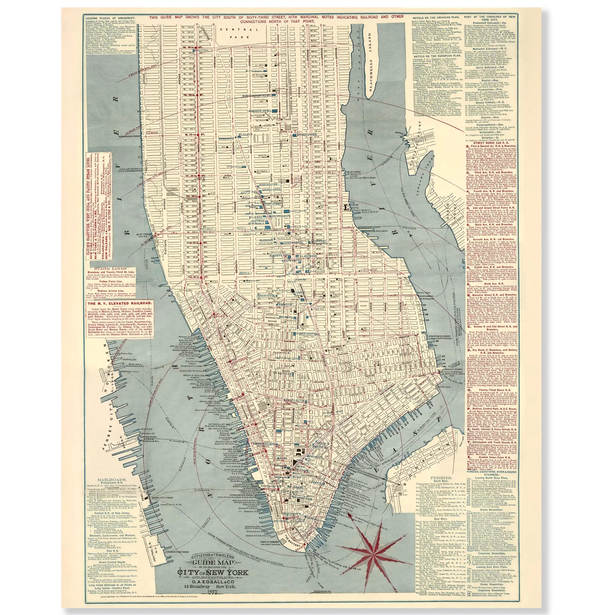 New York City Map - Vintage 1877 Citizens' & Travelers' Guide Map