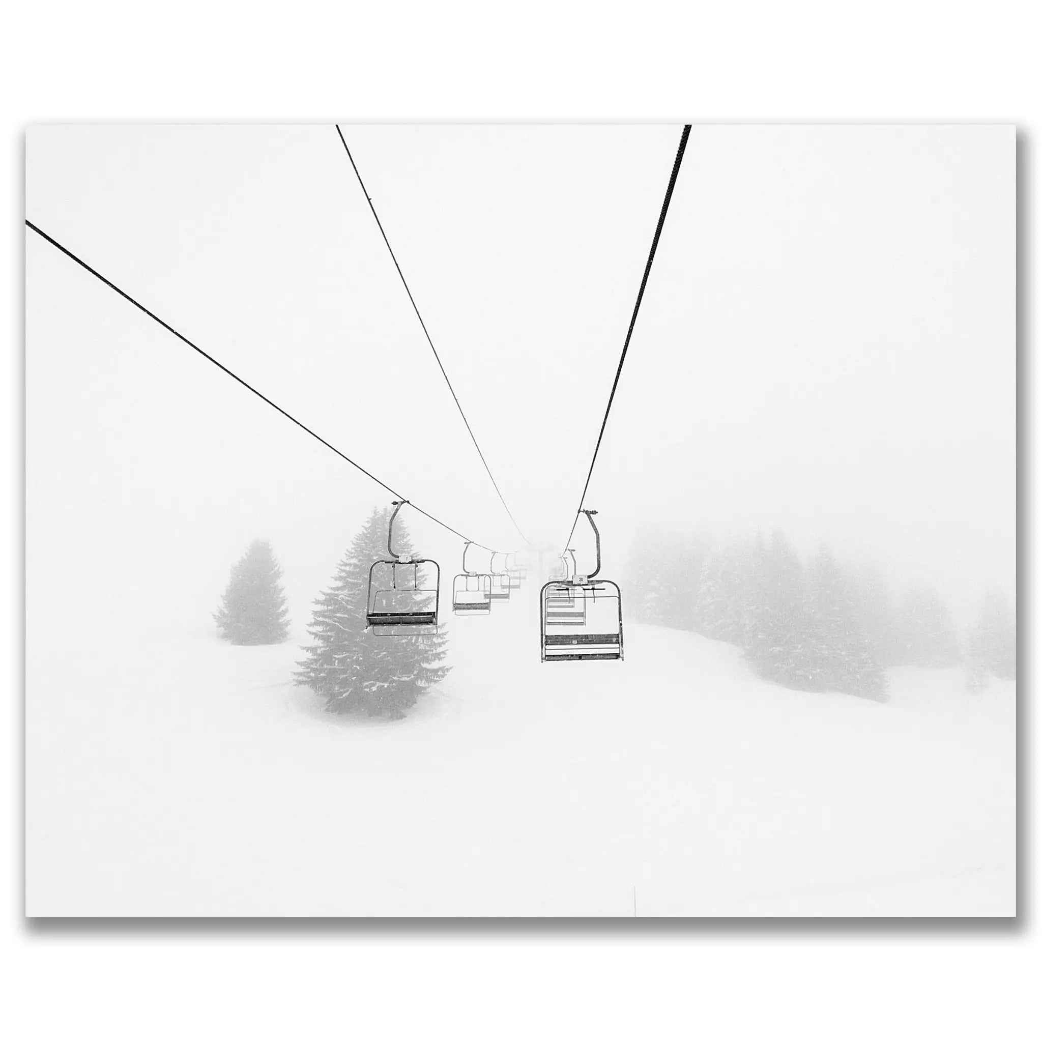 Vintage Ski Lift Chairs in Fog - Mountain Mystique Decor
