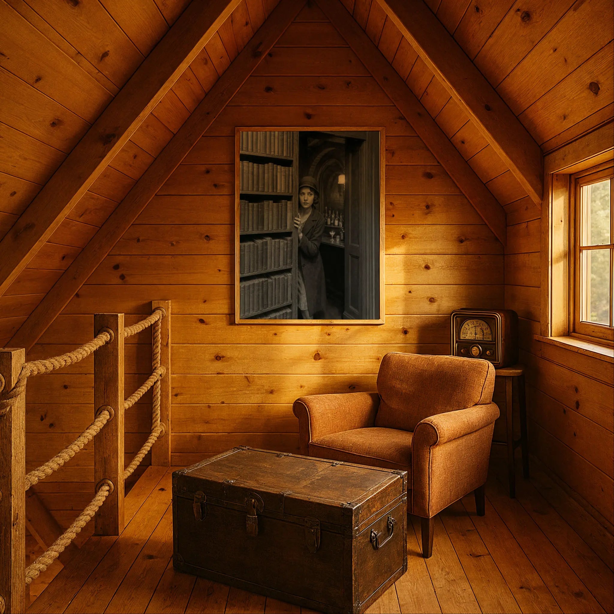 Historic hidden door print in rustic cabin setting with leather chair and vintage radio