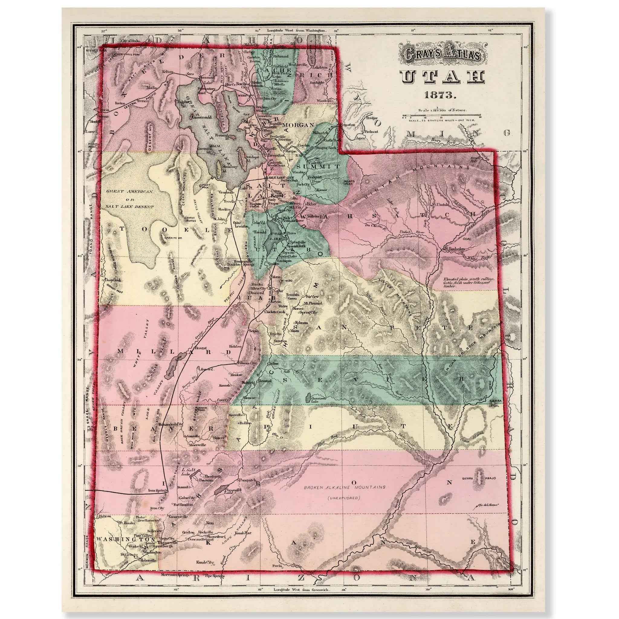 Utah Map - Vintage 1873 Gray's Atlas Historical Map for Collectors