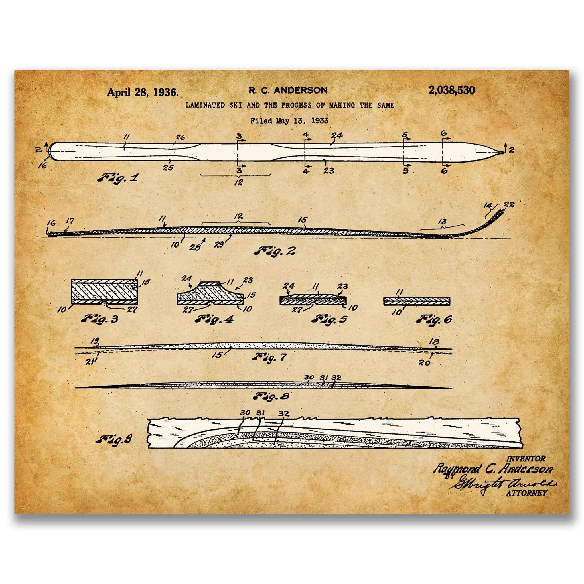 Vintage Ski Patent by R.C. Anderson - Classic Innovation Blueprint