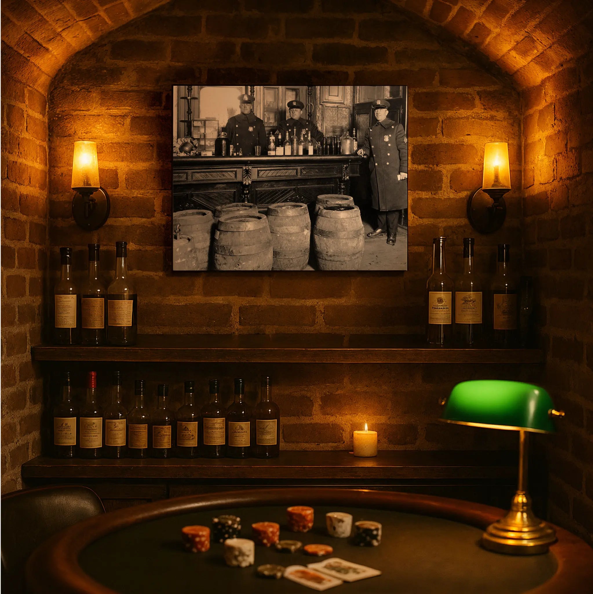 Law enforcement victory print in underground speakeasy setting with vintage bottles and atmospheric lighting