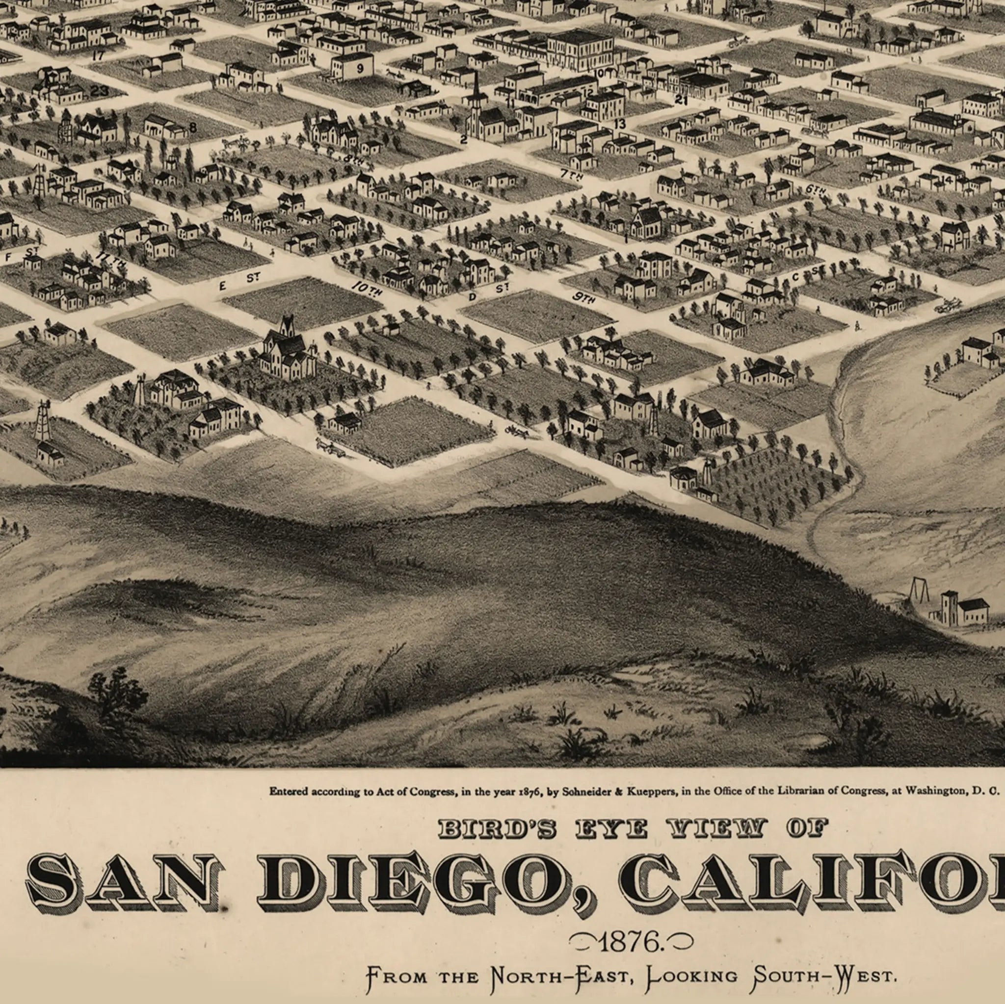 San Diego Bird's-Eye Map - Vintage 1876 California Historical City Map