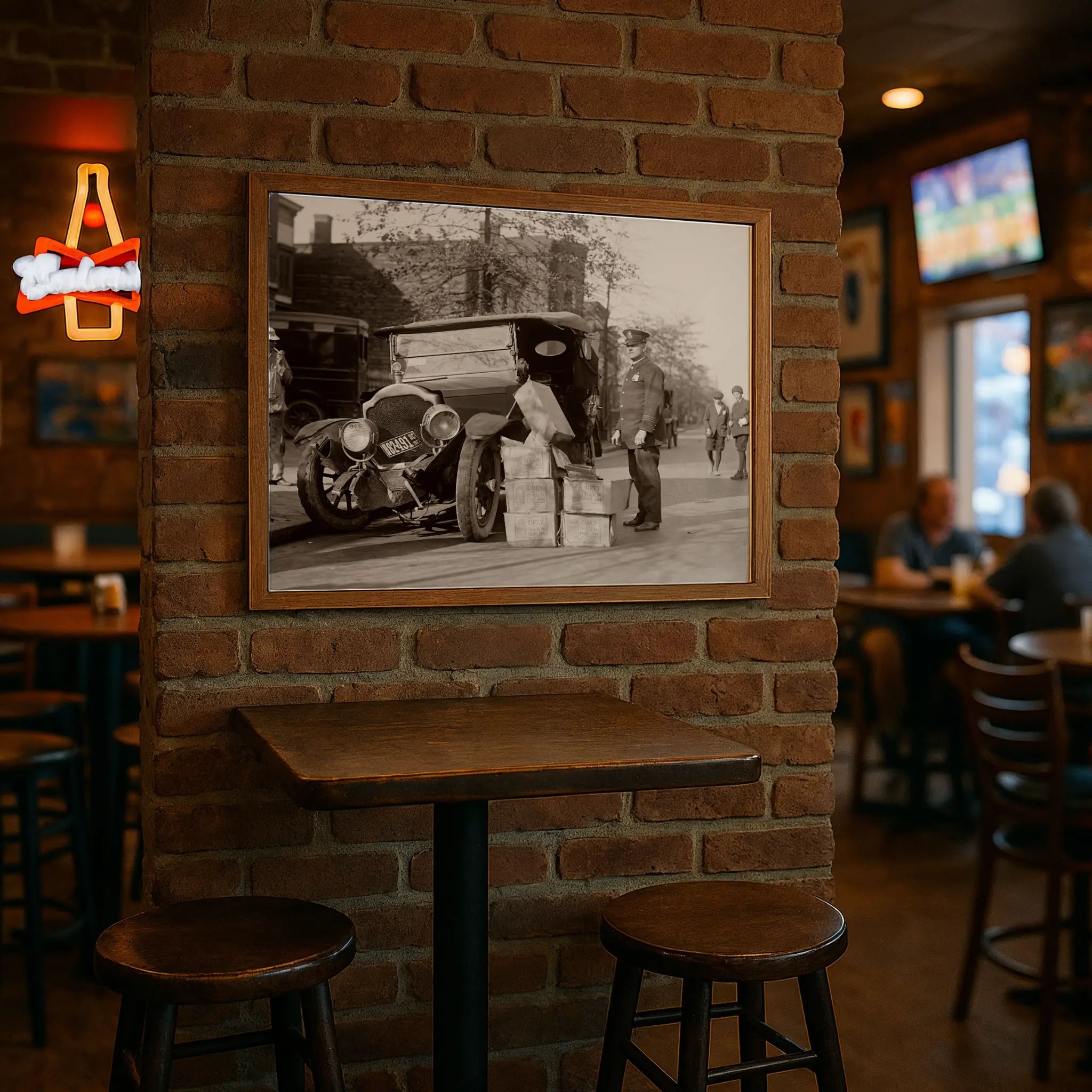 Historical police photograph in modern pub setting with brick walls and bar atmosphere