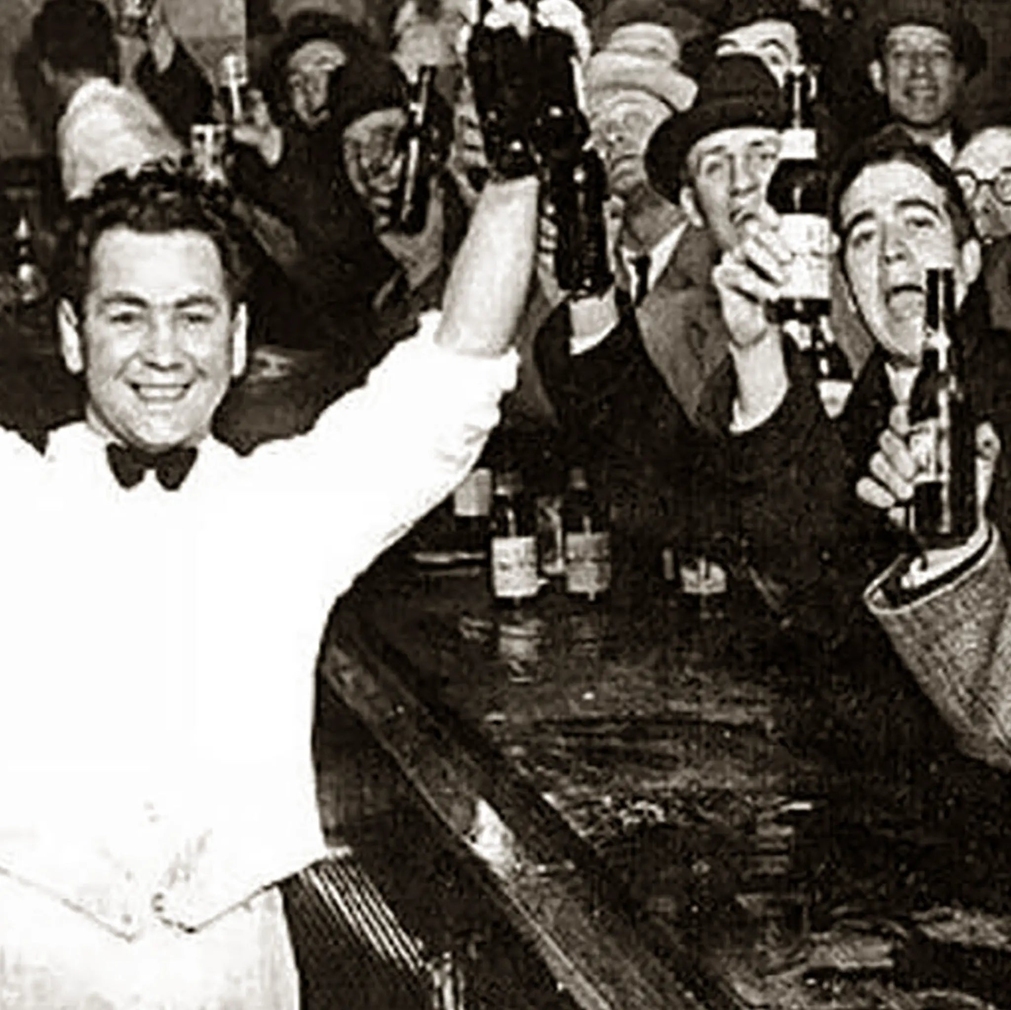 Close-up detail of prohibition repeal celebration showing joyful faces and raised drinks during historic December 1933 celebration