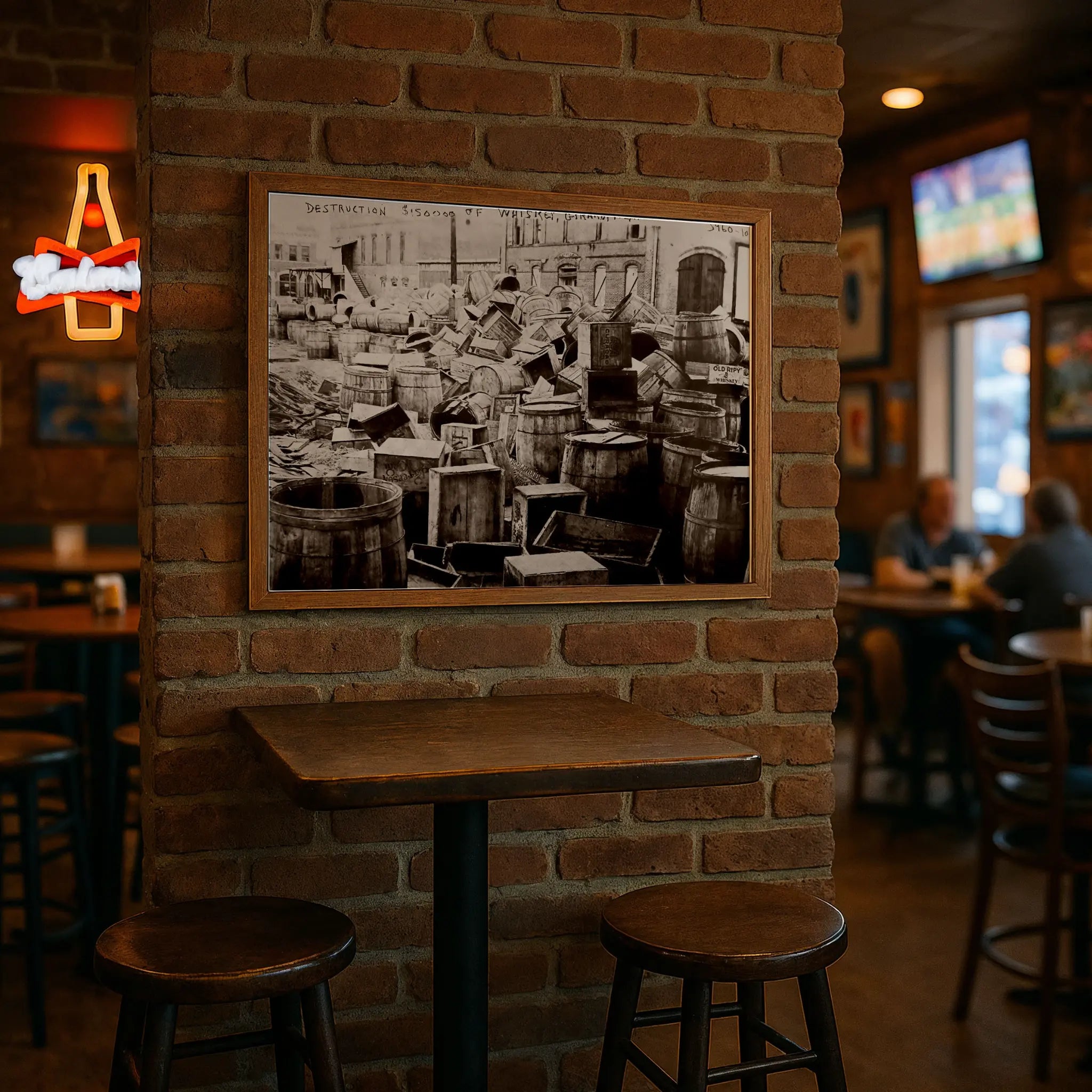 Historical whiskey destruction photograph in modern pub setting with brick walls and high-top tables