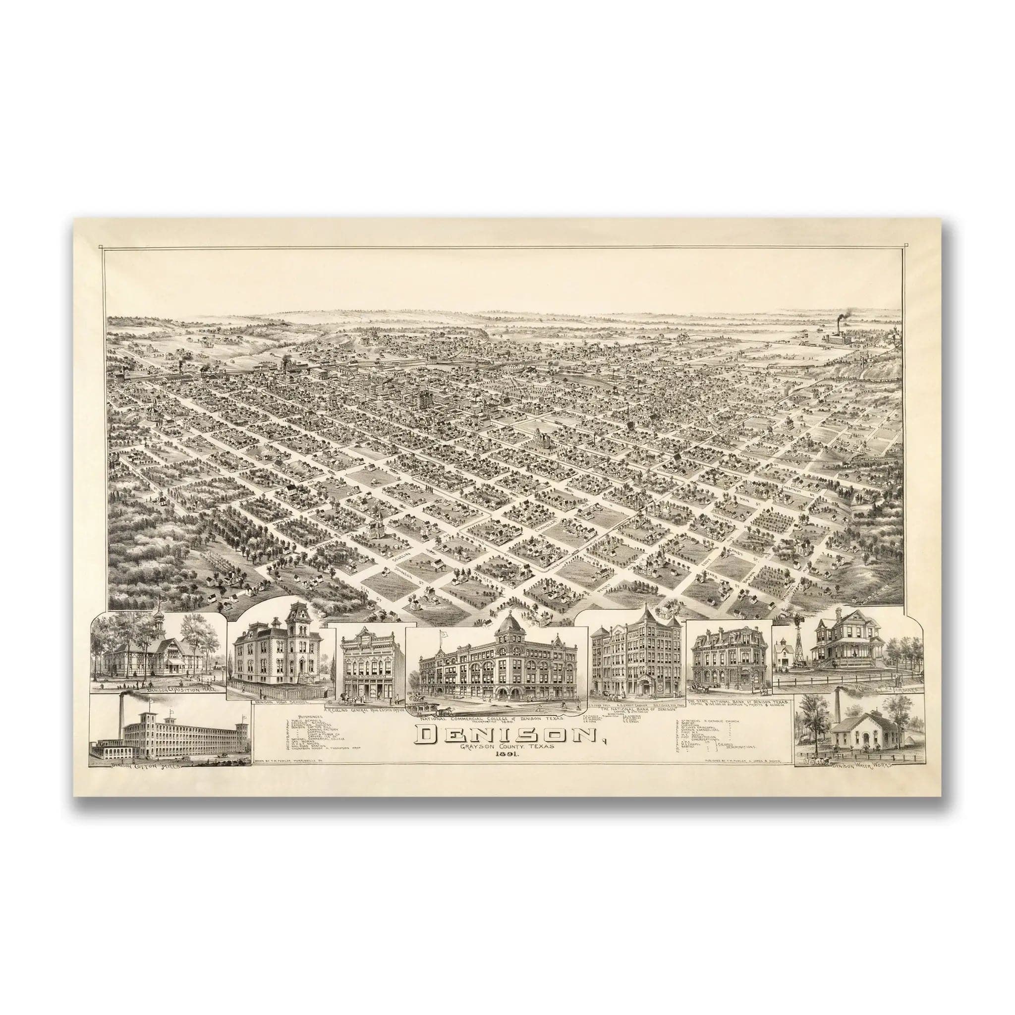 Denison Texas Historical Map - Vintage 1891 Bird's-Eye City View Print - Archive Prints