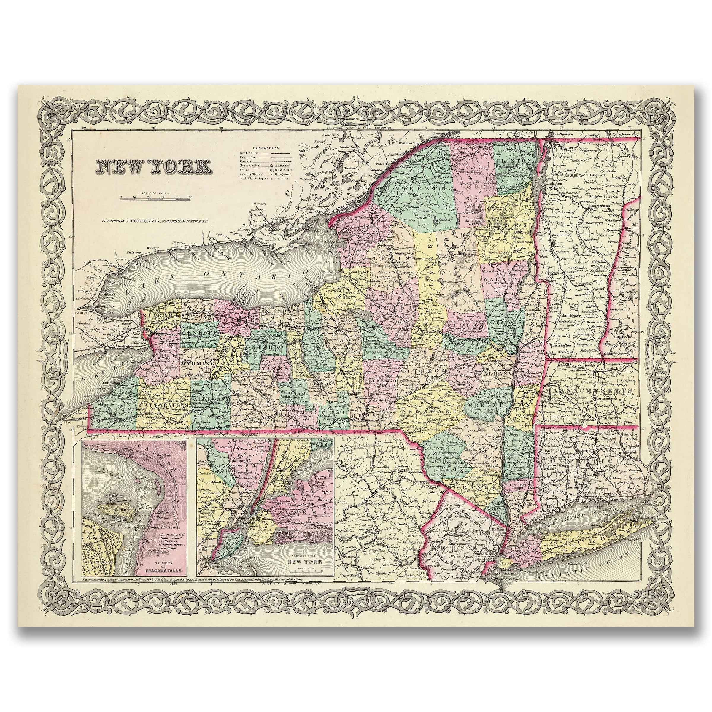 New York Map - Vintage State Map by Colton for Collectors and Decorators