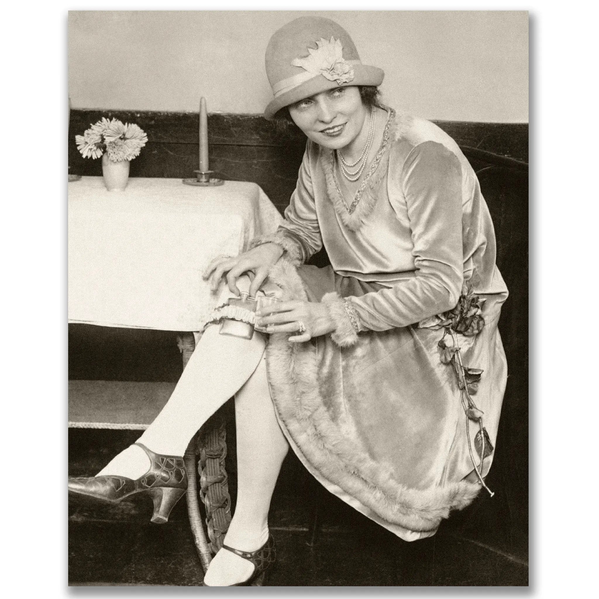 Historic Jazz Age yacht elegance photograph showing sophisticated woman in cloche hat and pearls on luxury boat deck with flowers and nautical setting