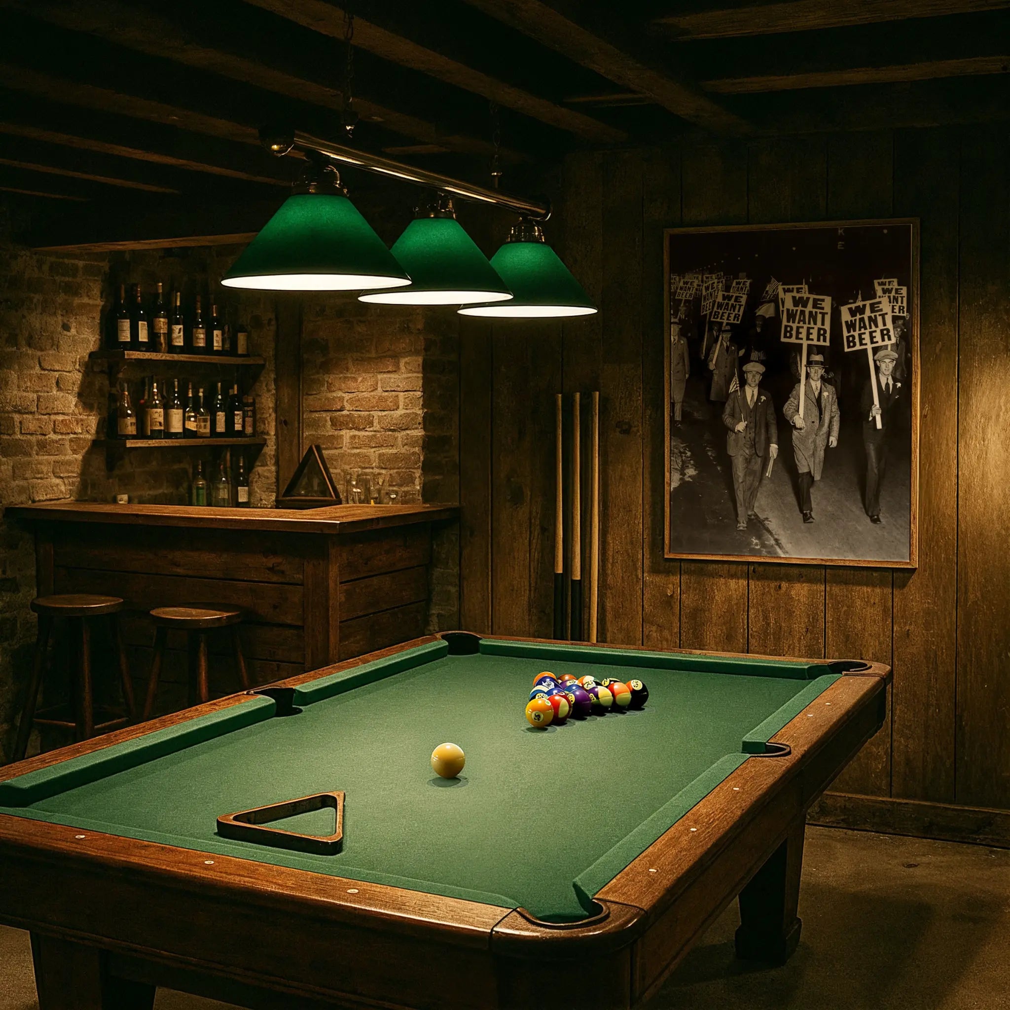 WE WANT BEER photograph in vintage billiards room with green felt table and period lighting