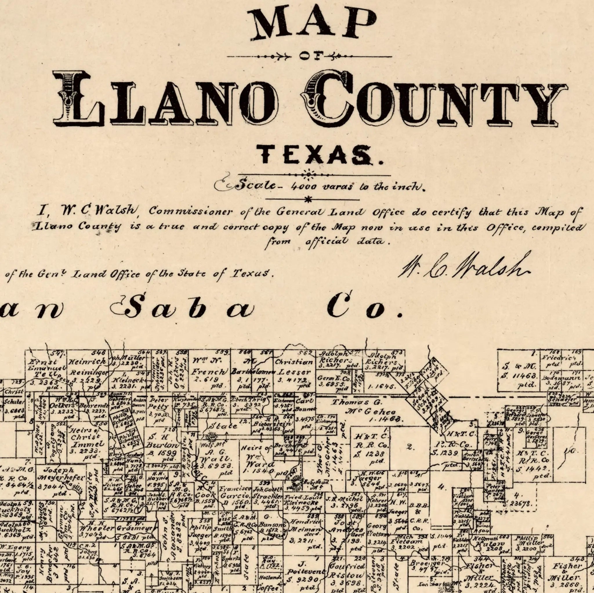 Llano County Map - Vintage 1879 Texas General Land Office Map