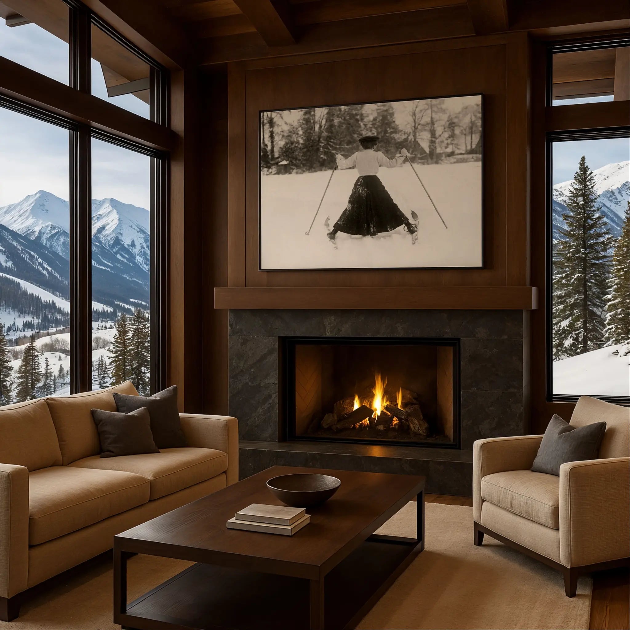 Victorian Skiing Photo by Cozy Fireplace