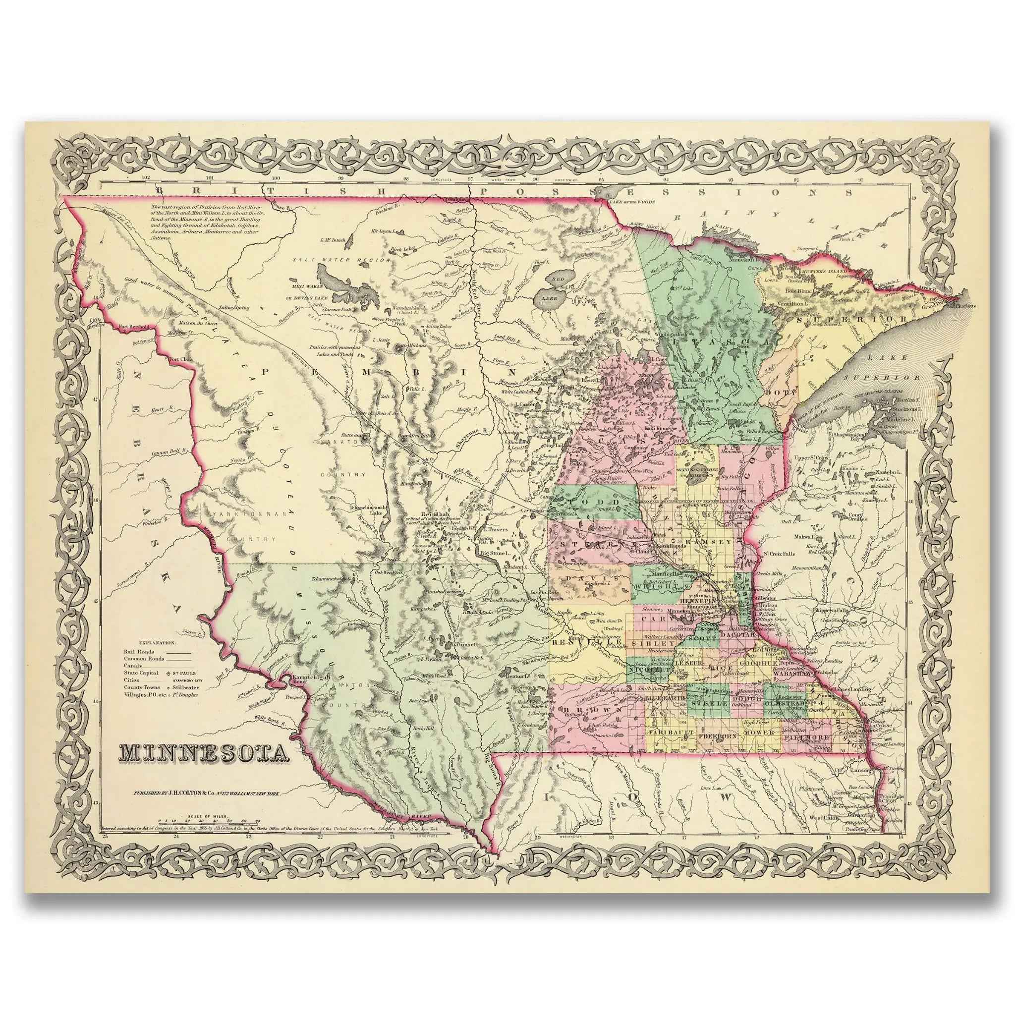 1856 Minnesota Map by Colton - Vintage Map Print for Collectors
