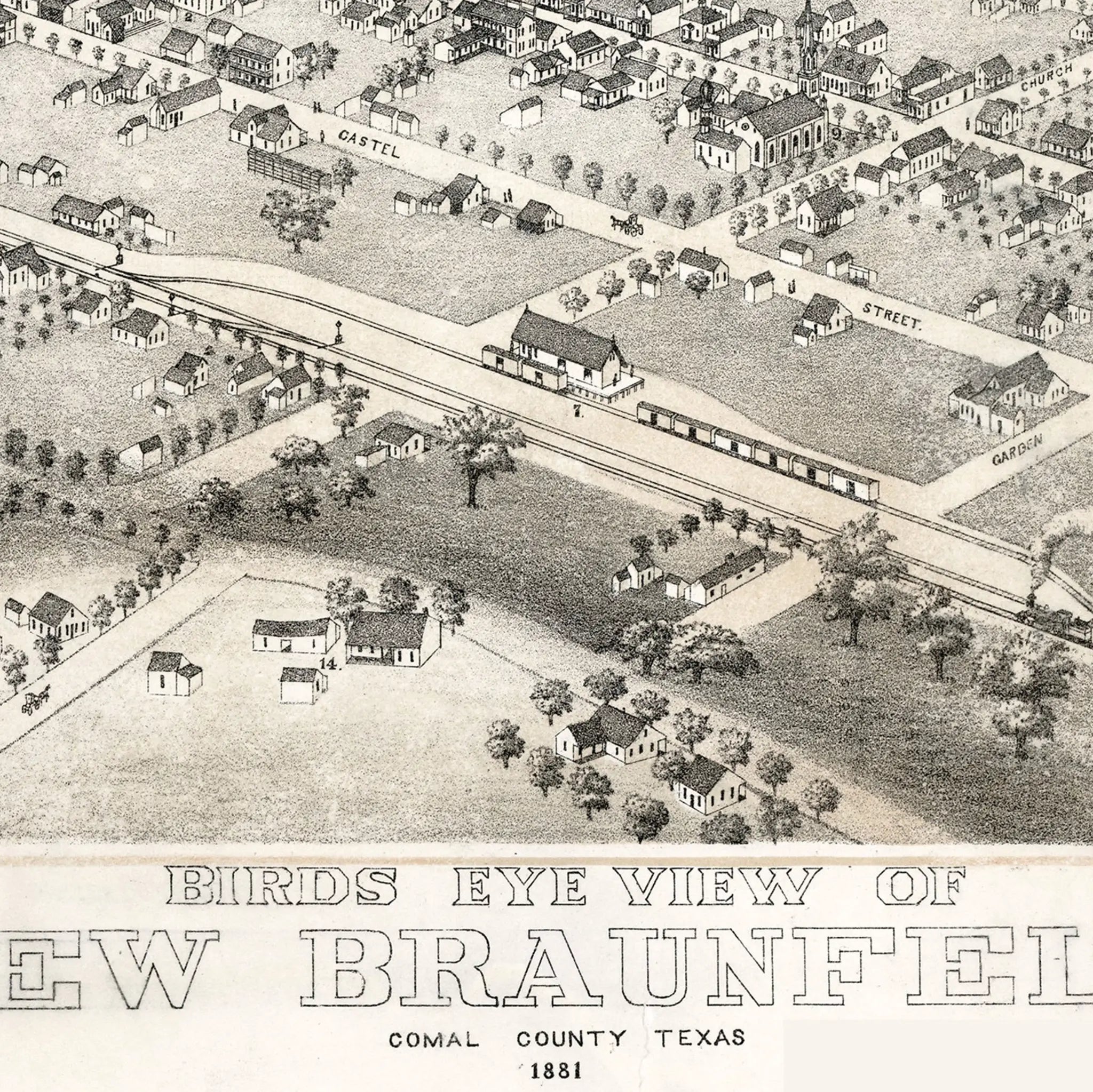 New Braunfels Bird's-Eye Map - Vintage 1881 Texas Historical City Map