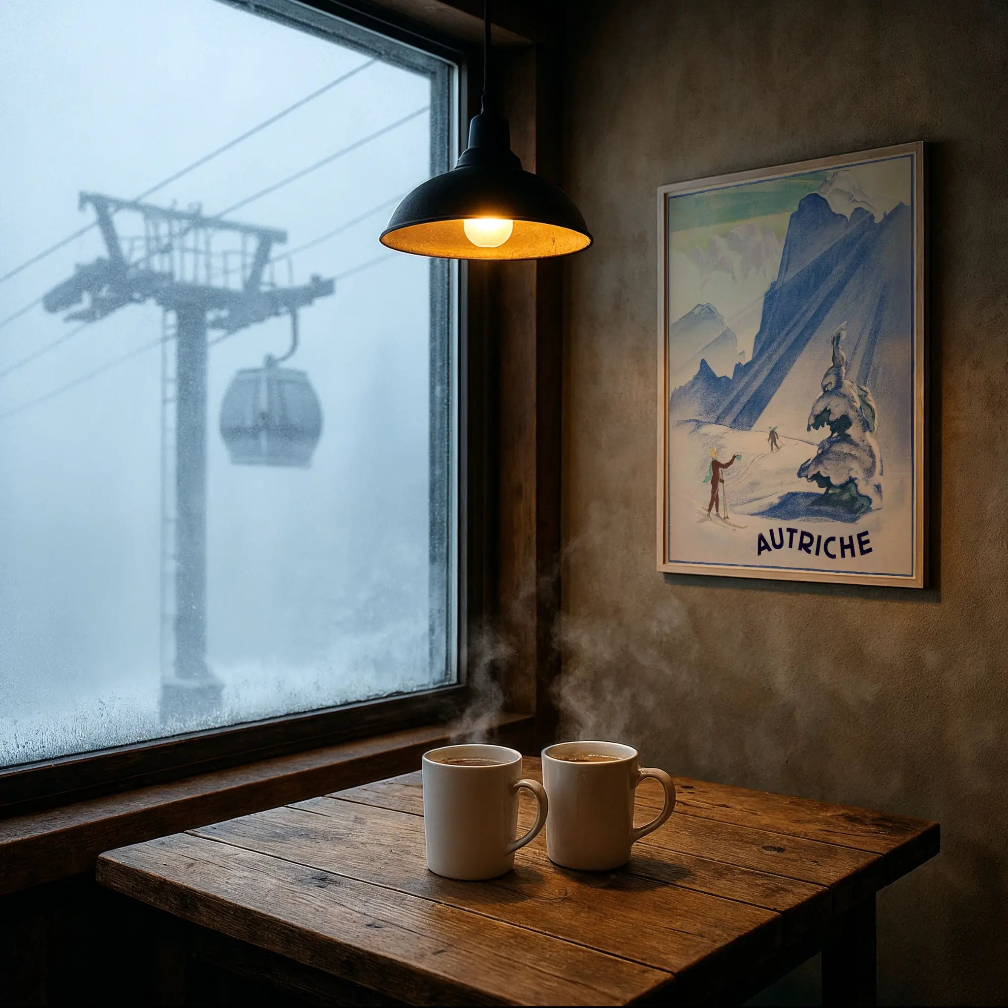 Vintage Austrian Ski Poster in Foggy Mountain Cafe