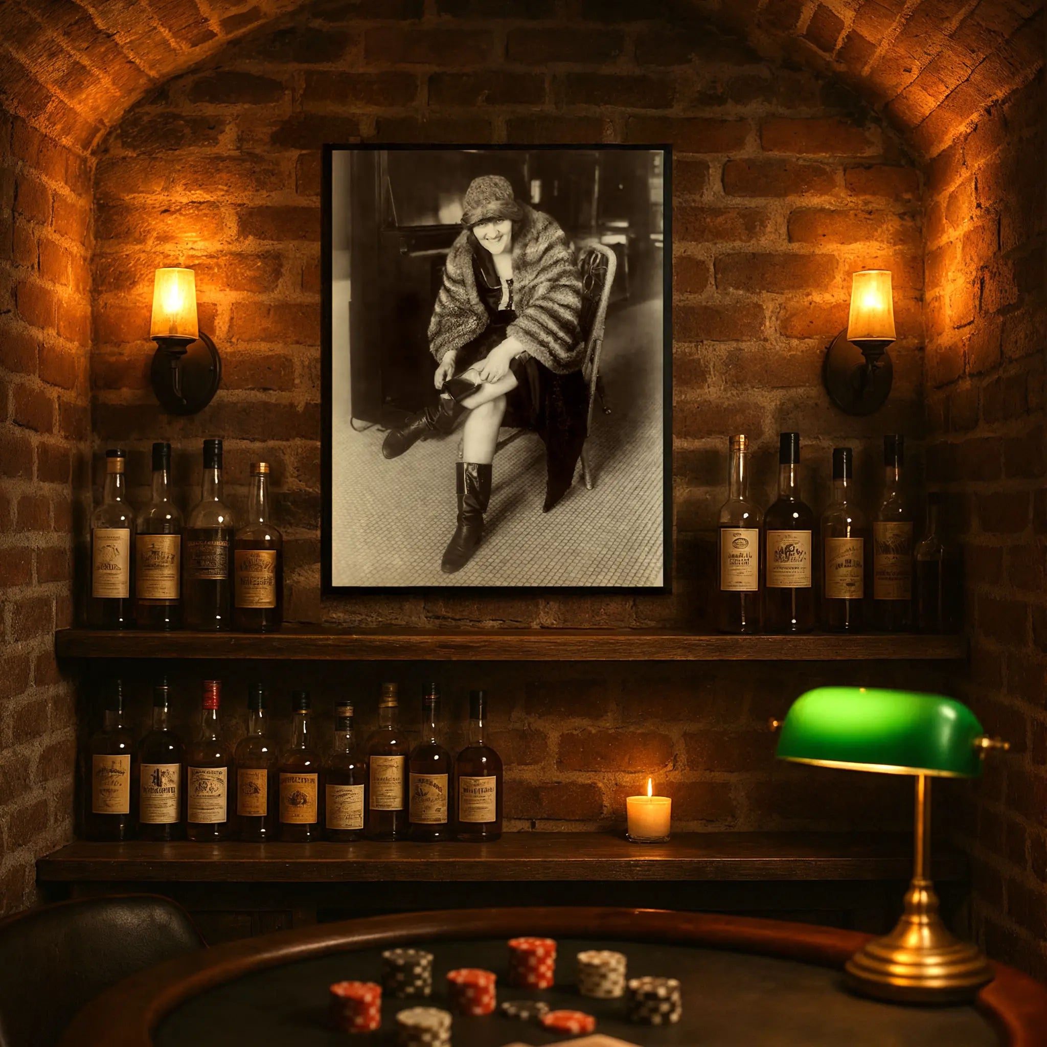 Flapper photograph displayed in underground speakeasy setting with vintage bottles and poker chips