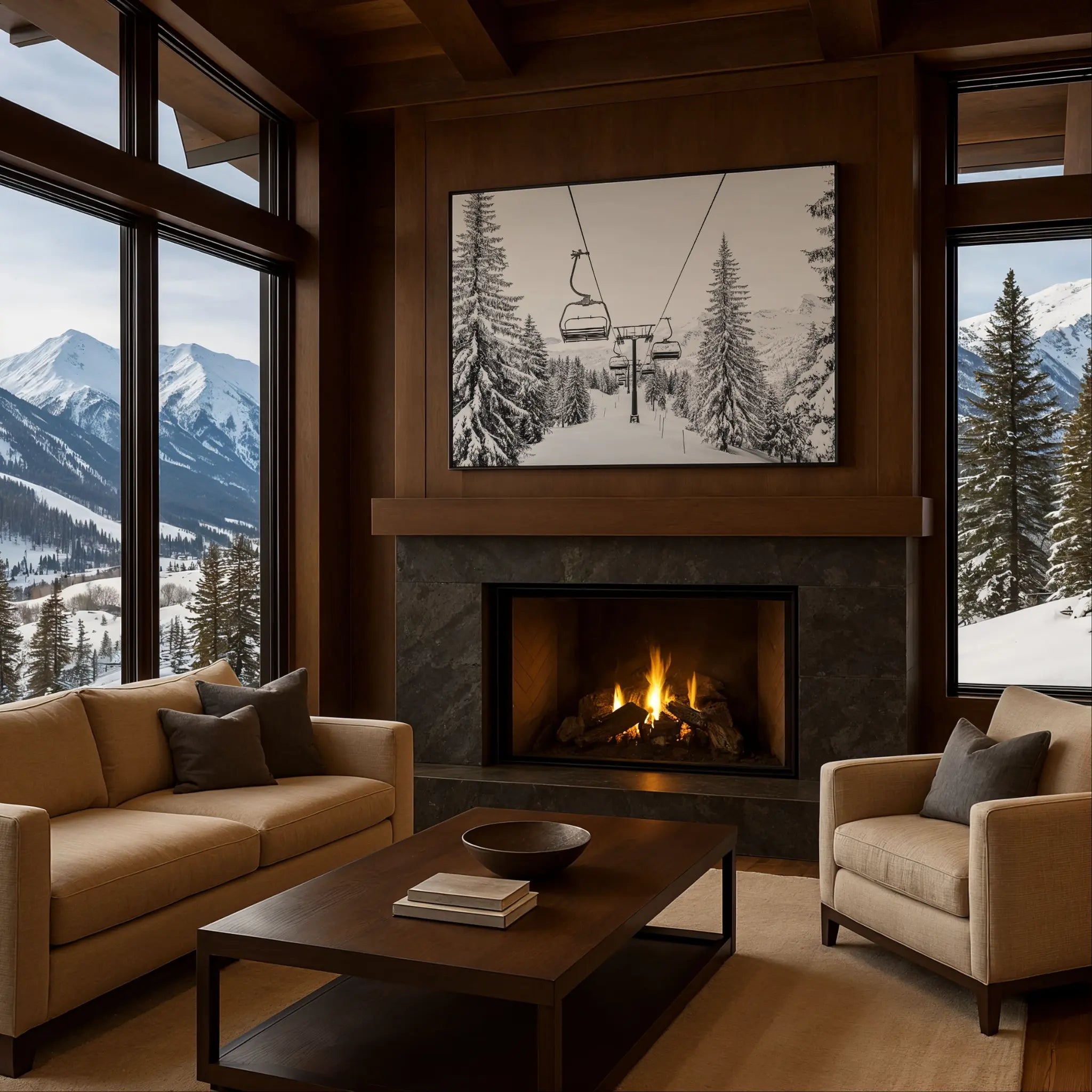 Vintage Ski Lift Photo in Cozy Fireplace Setting