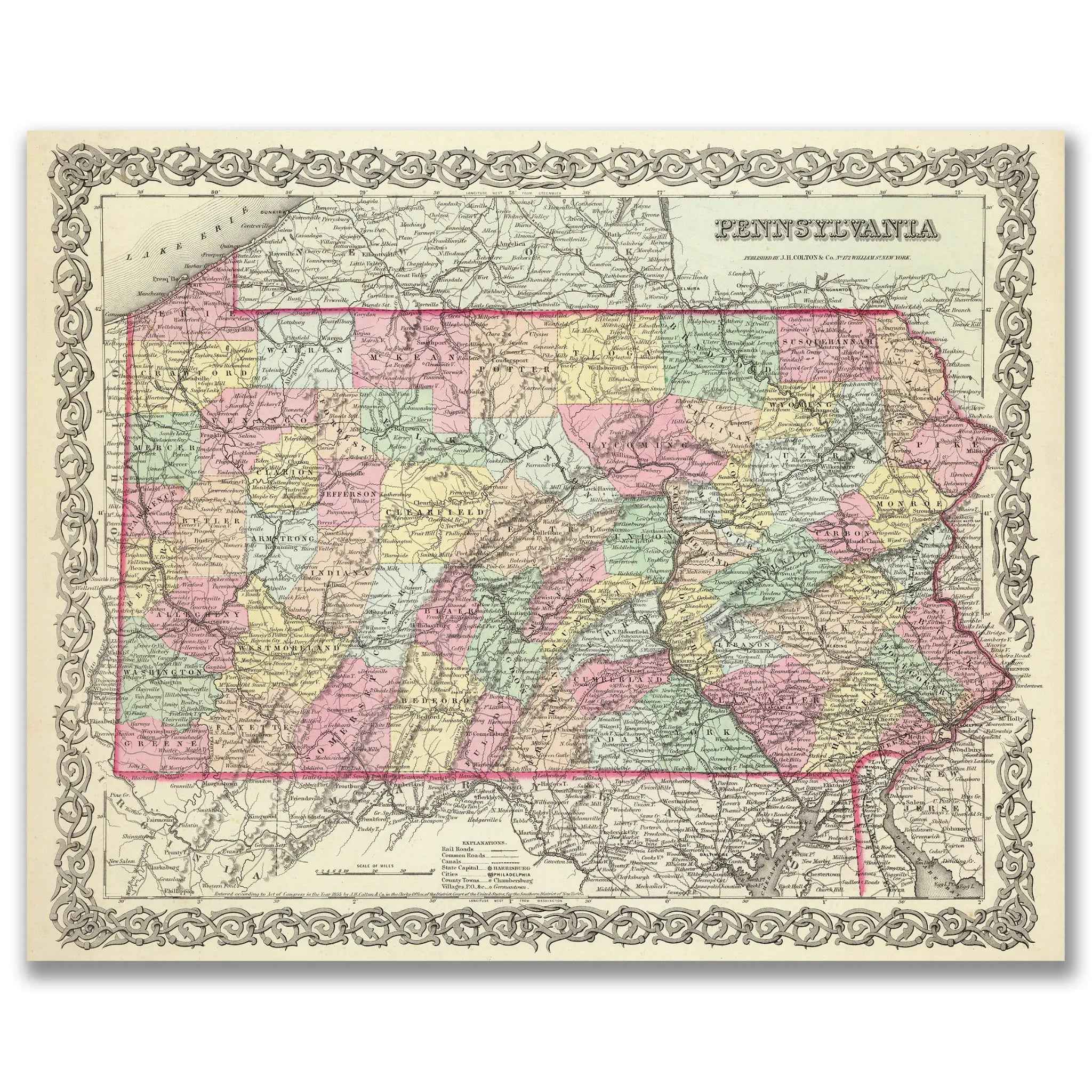 Vintage Pennsylvania Map - Vintage 1856 Colton Historical Map